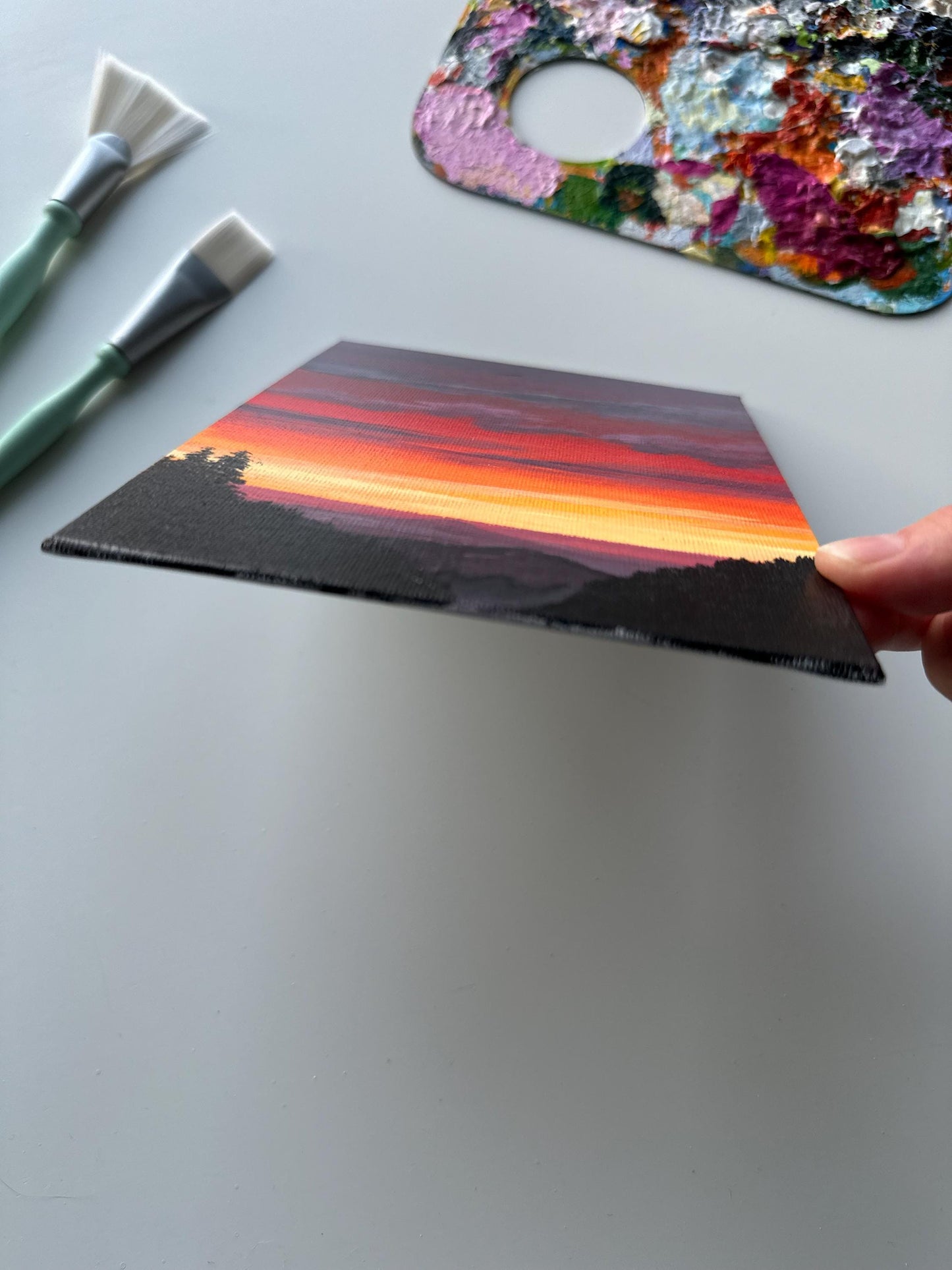 Mountain Sunset Acrylic Painting: 5x7 Hand-Painted Landscape Art