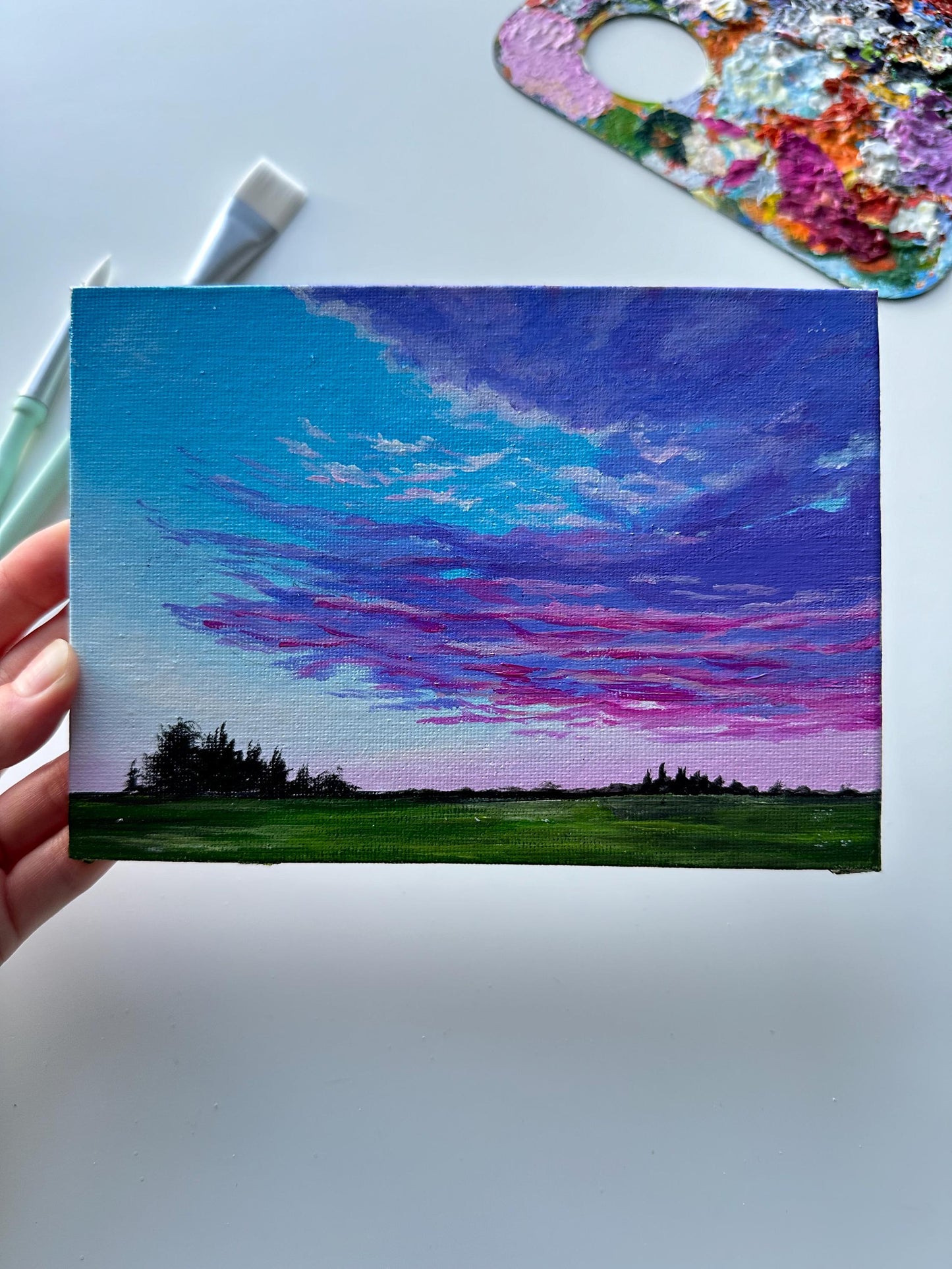 Original Purple Clouds Acrylic Painting: 7x5 Serene Landscape Art