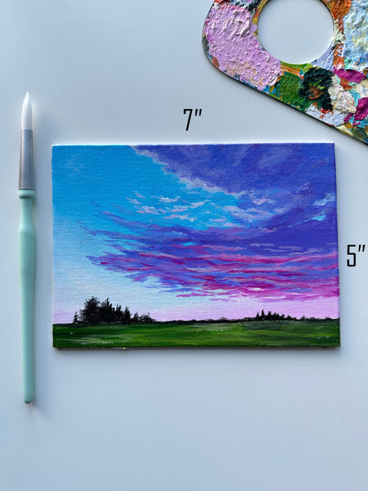 Original Purple Clouds Acrylic Painting: 7x5 Serene Landscape Art
