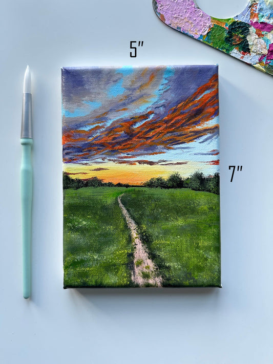 Original Sunset Valley Acrylic Painting: 5x7 Mini Landscape Art