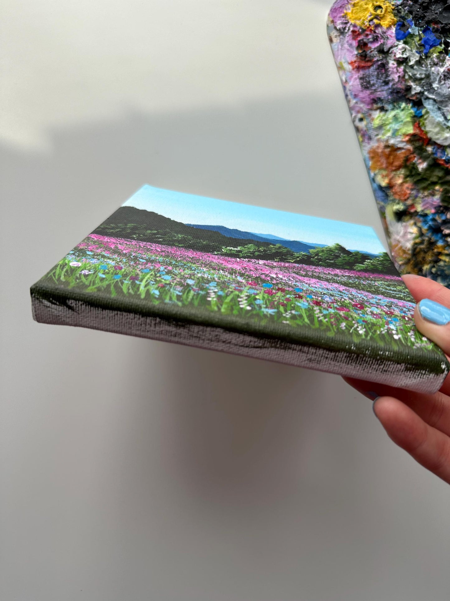 Original Mountain Flower Acrylic Painting: 6" x 6" Vibrant Landscape Art