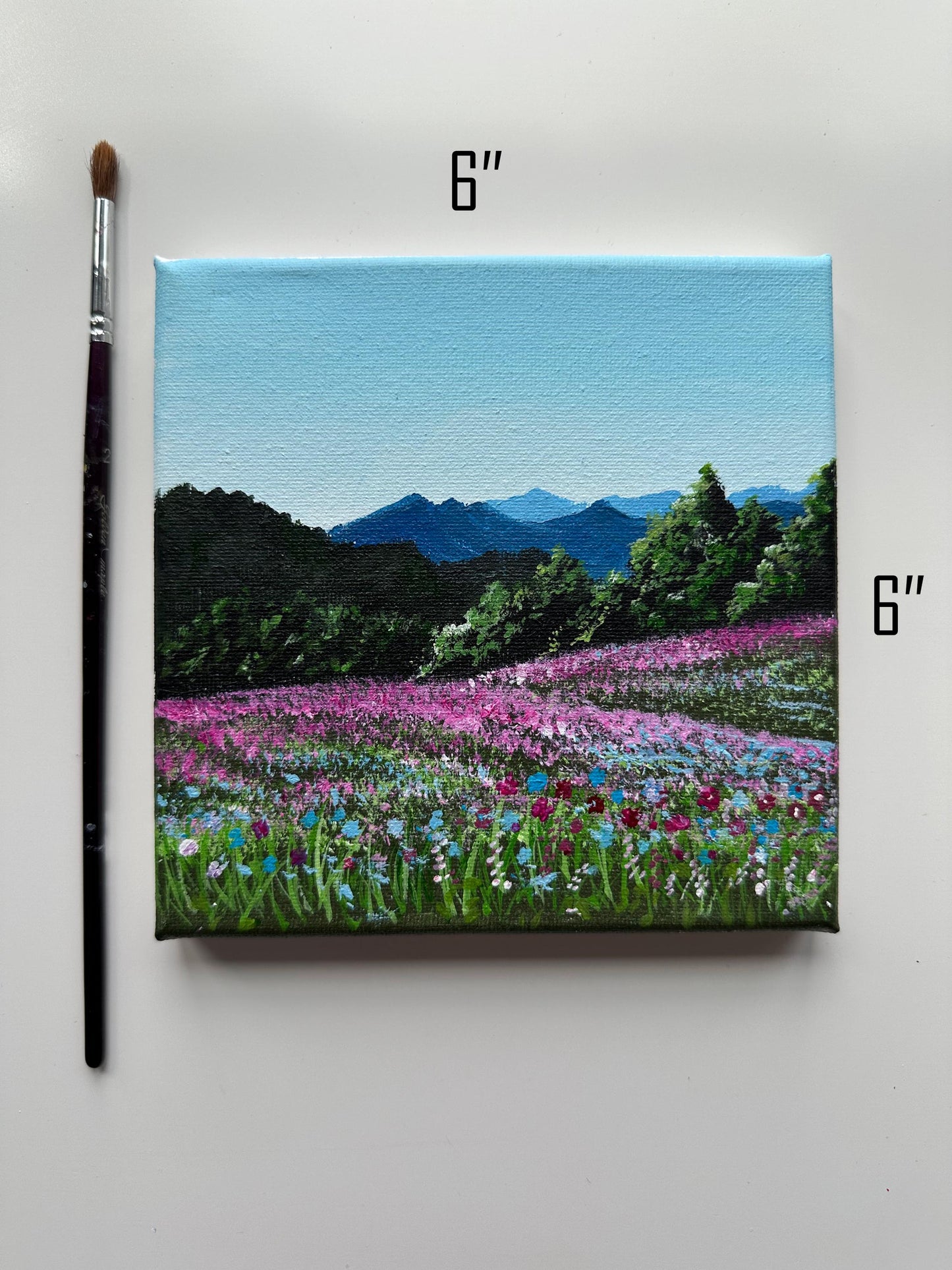 Original Mountain Flower Acrylic Painting: 6" x 6" Vibrant Landscape Art