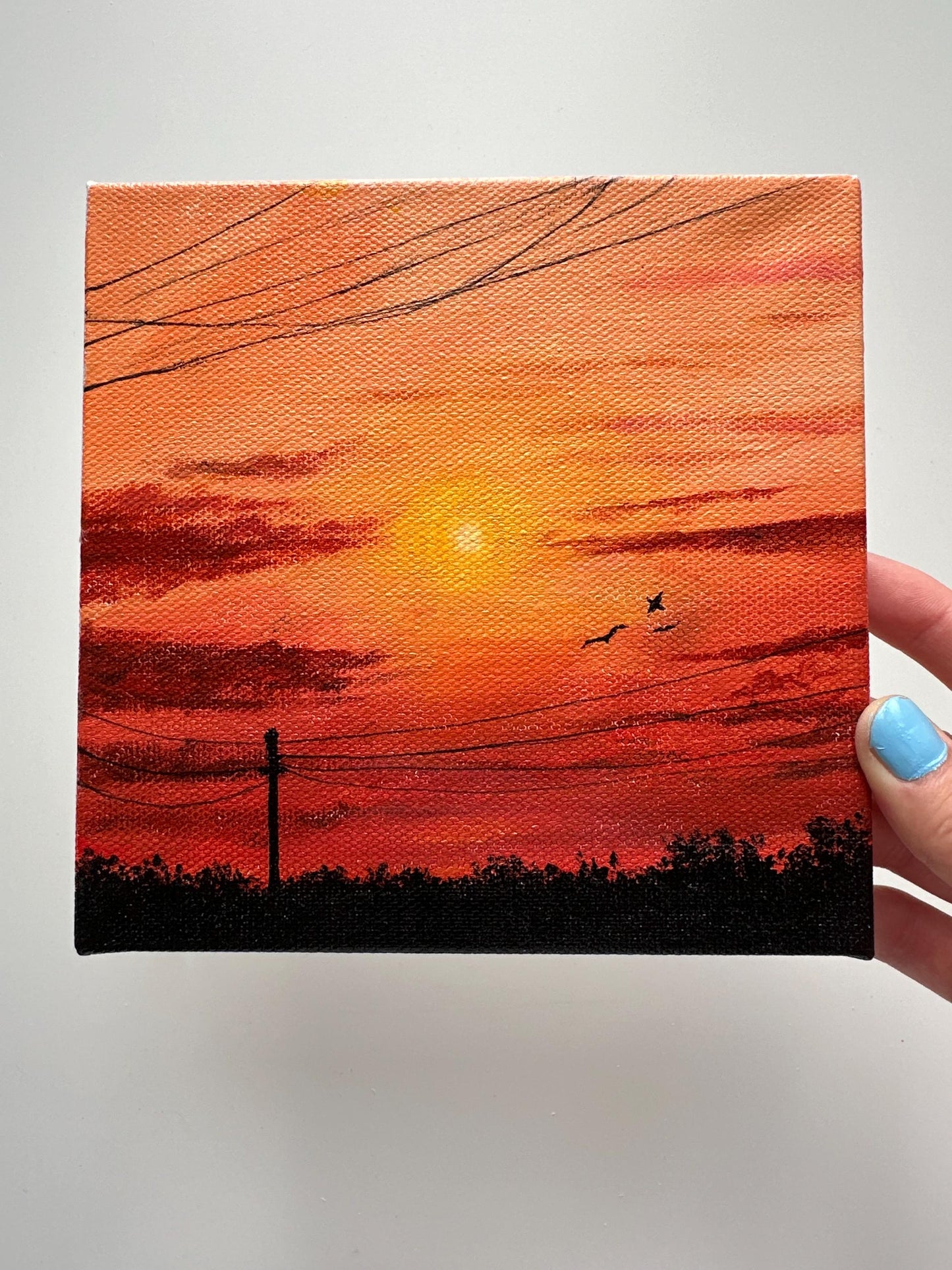 Original Sunset Acrylic Painting: Bold Red & Black Tones, 6x6 Canvas