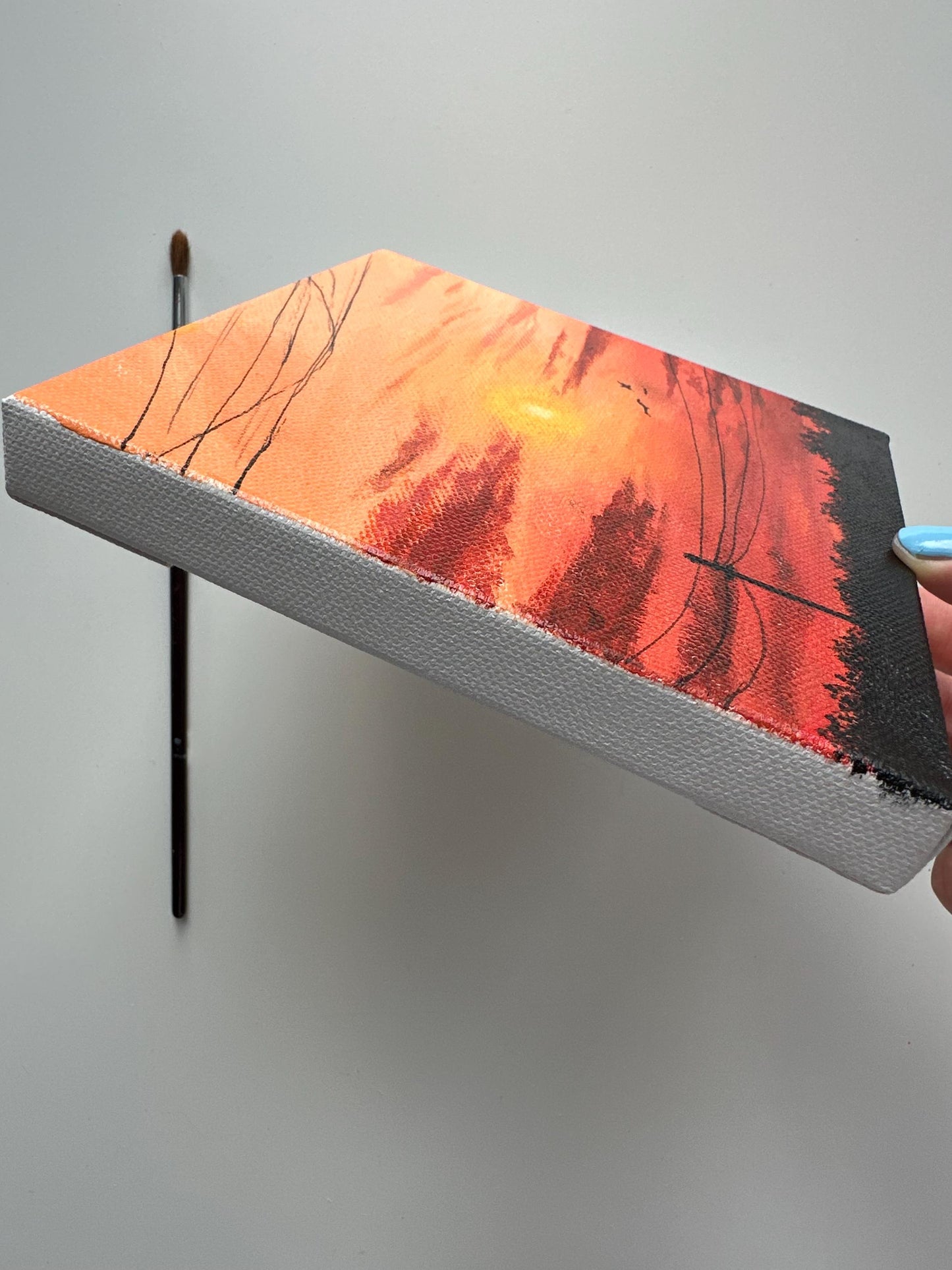 Original Sunset Acrylic Painting: Bold Red & Black Tones, 6x6 Canvas