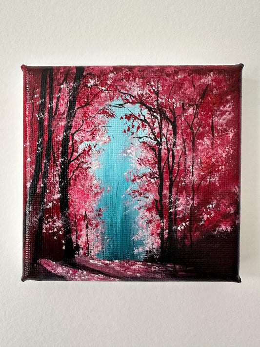 Enchanted Red Forest Painting: Original Acrylic on Mini Canvas (4x4)