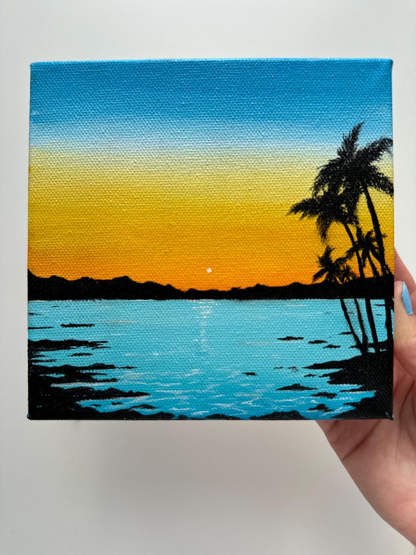 Original Beach Palm Tree Acrylic Painting: Tropical Seaside Art (6" x 6")