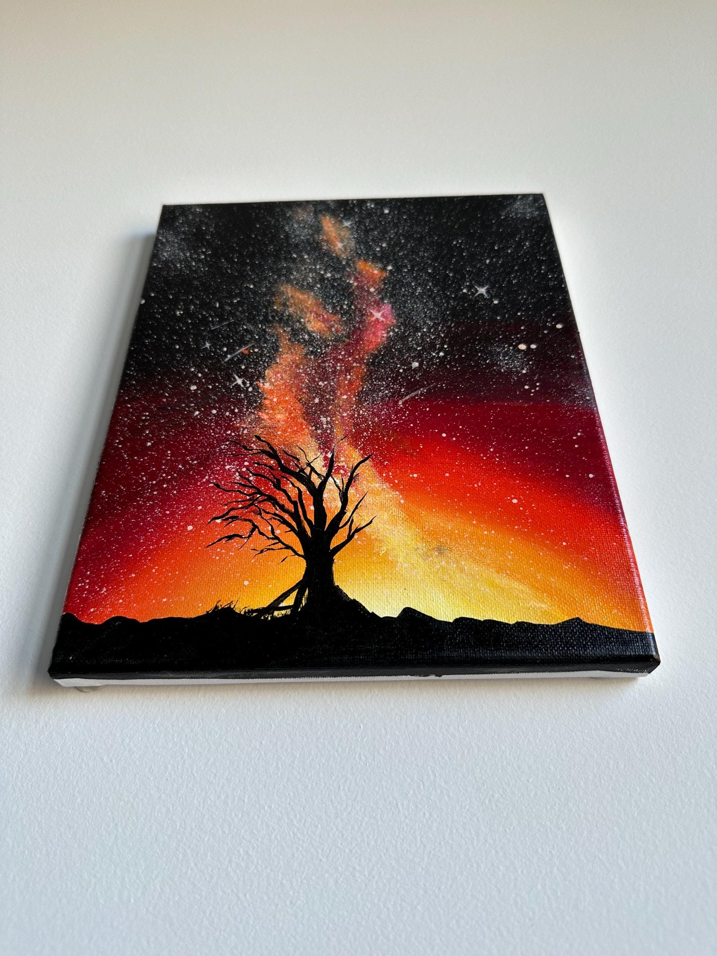 Original Starry Night Tree Painting: Celestial Landscape Art, 8x10