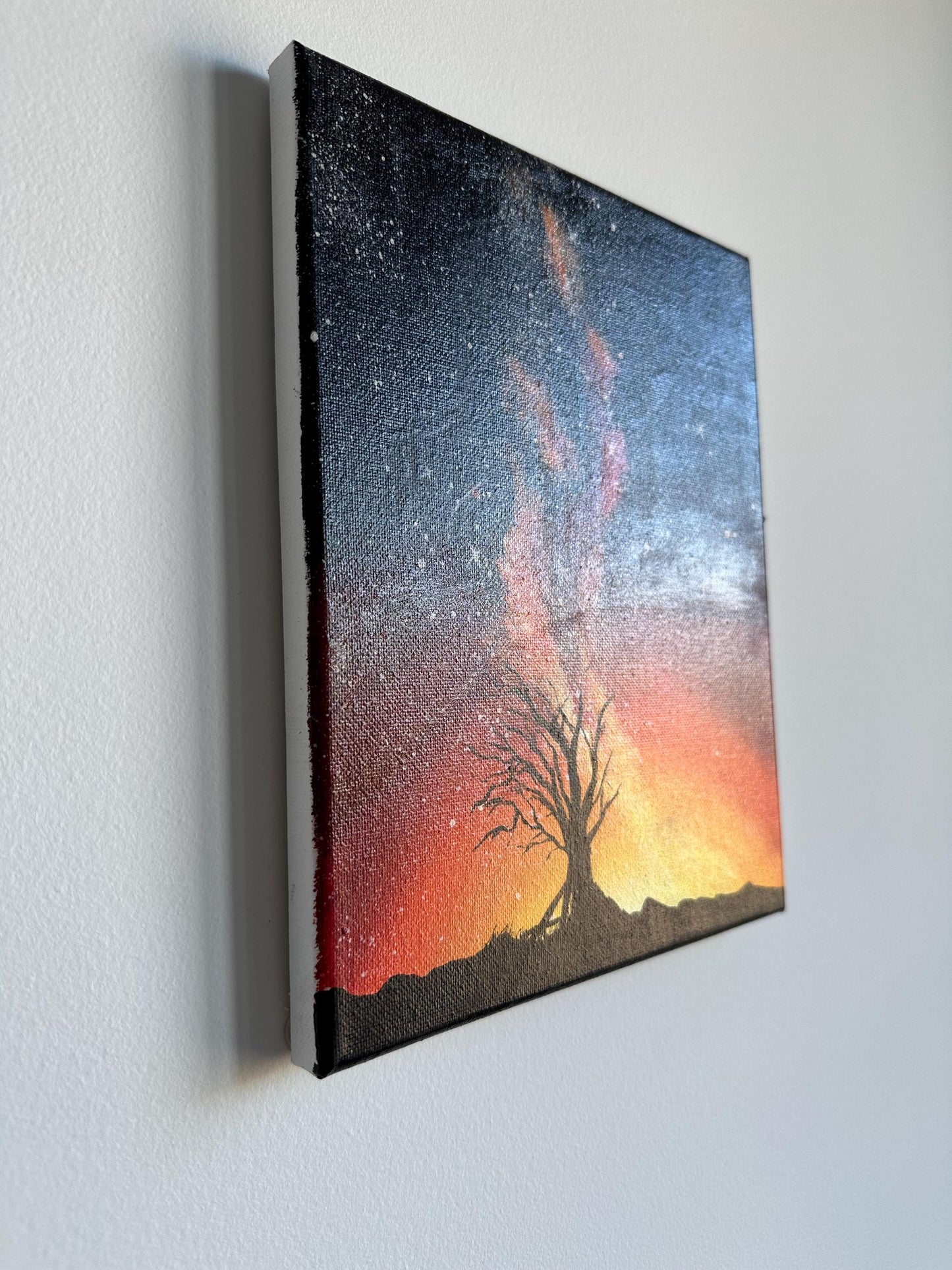 Original Starry Night Tree Painting: Celestial Landscape Art, 8x10