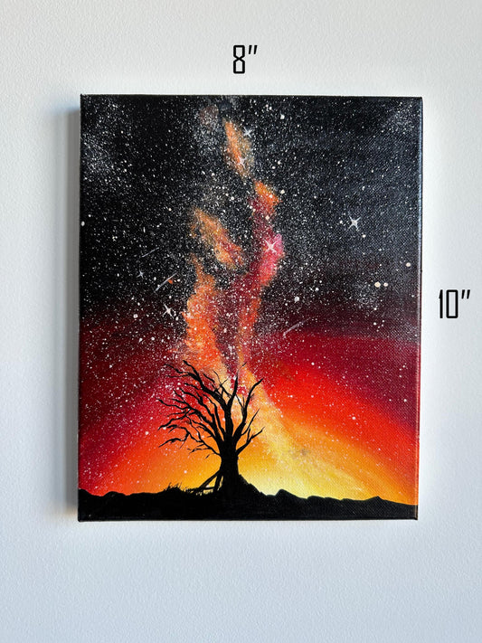 Original Starry Night Tree Painting: Celestial Landscape Art, 8x10