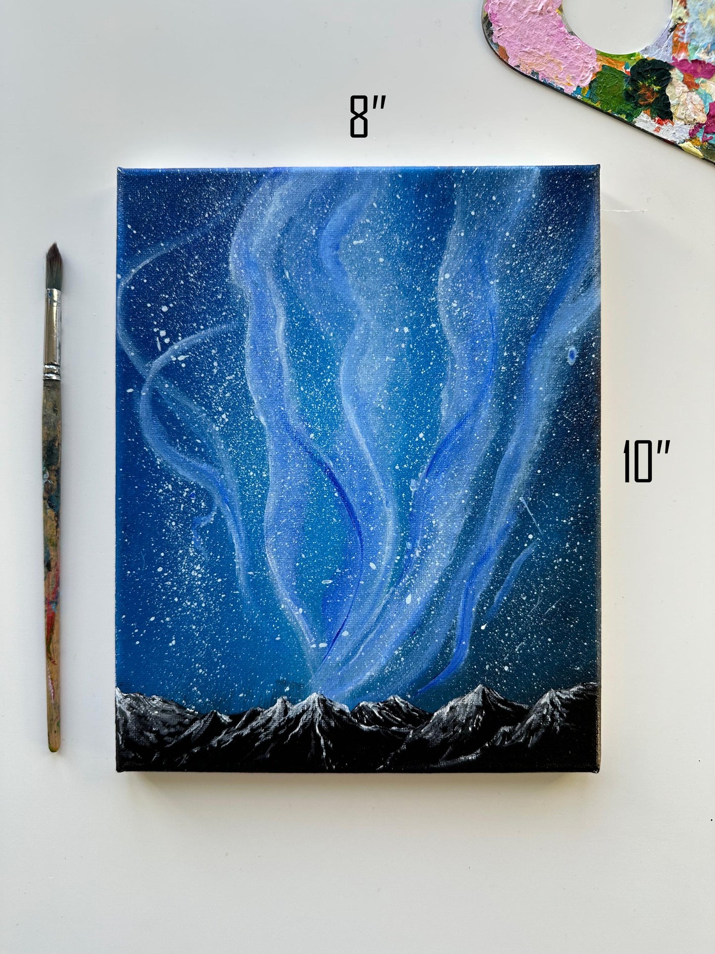 Northern Lights Painting: Snowy Mountain Landscape Acrylic Art (8x10)
