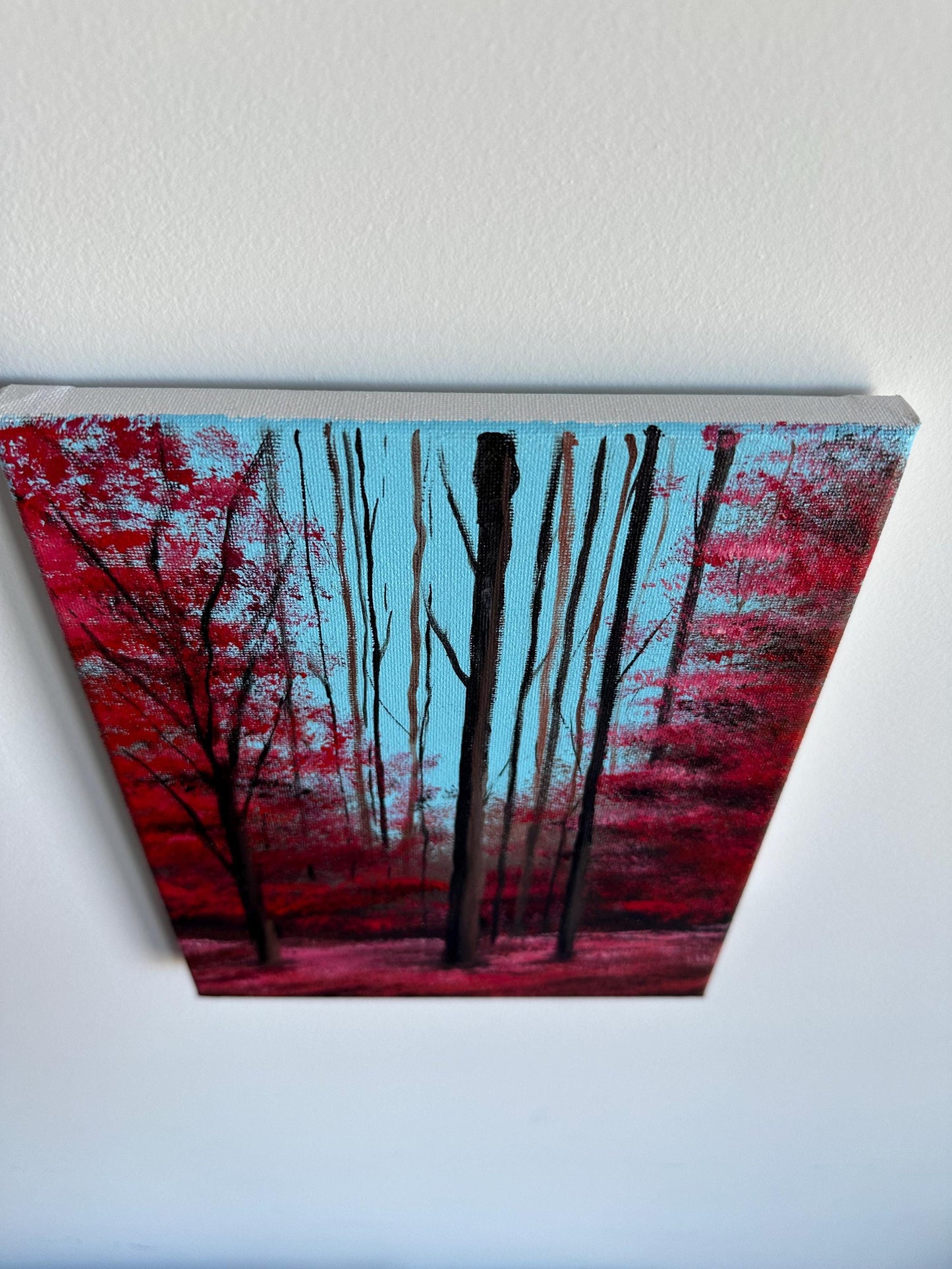 Original Red Forest Acrylic Painting: Enchanted Landscape Art (8x10)