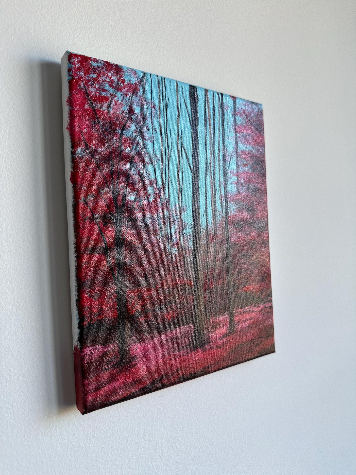 Original Red Forest Acrylic Painting: Enchanted Landscape Art (8x10)