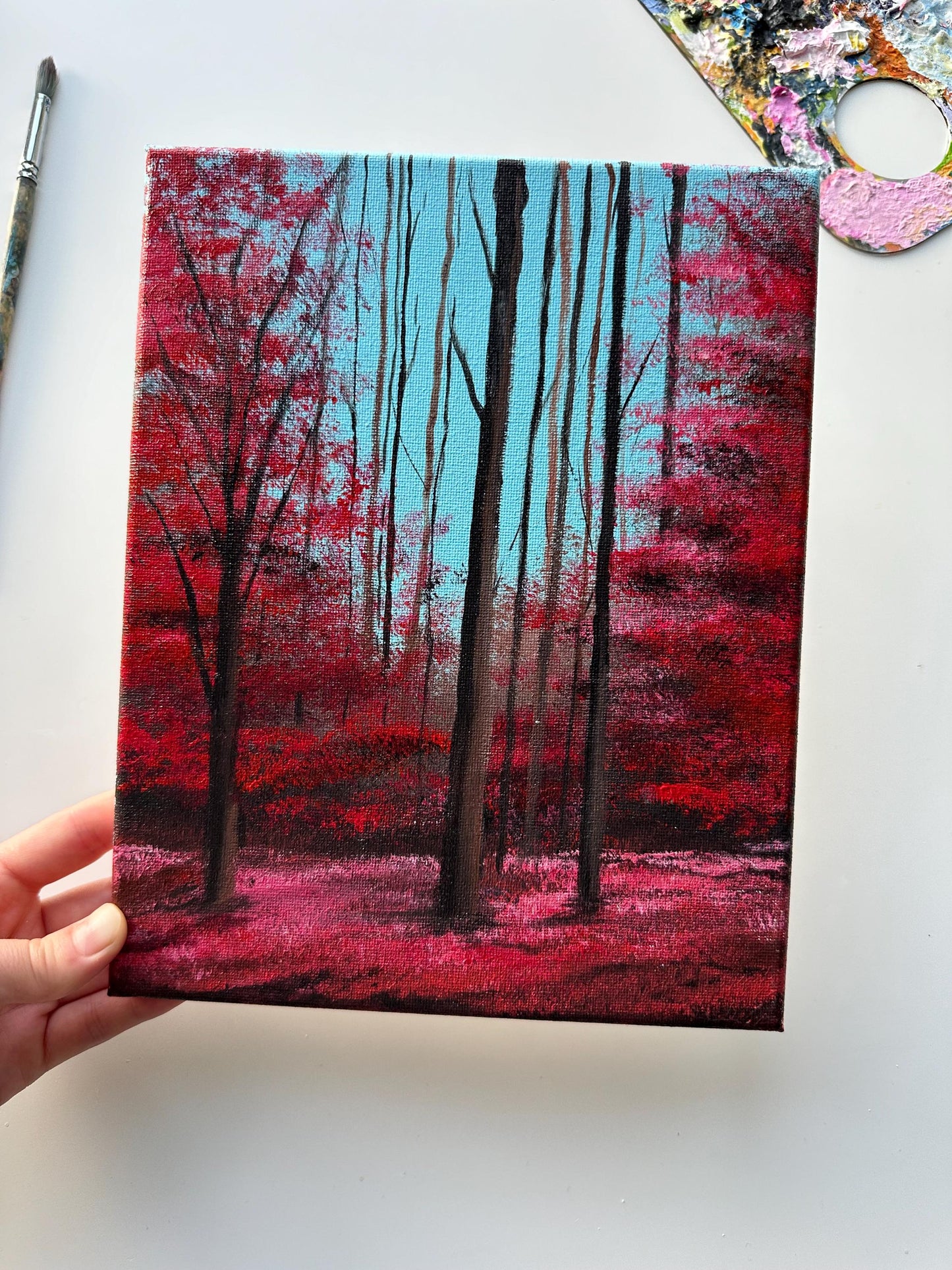 Original Red Forest Acrylic Painting: Enchanted Landscape Art (8x10)