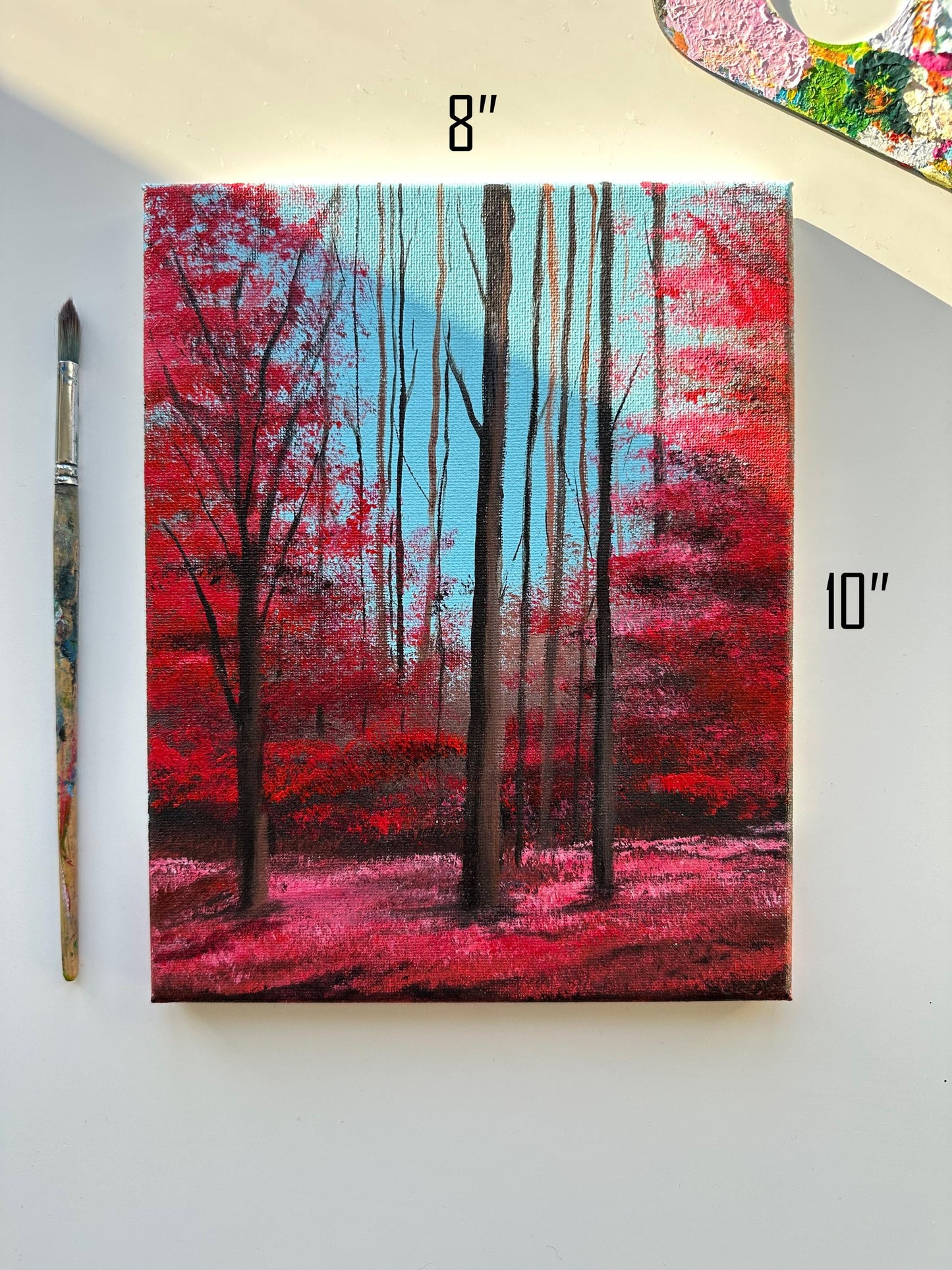 Original Red Forest Acrylic Painting: Enchanted Landscape Art (8x10)