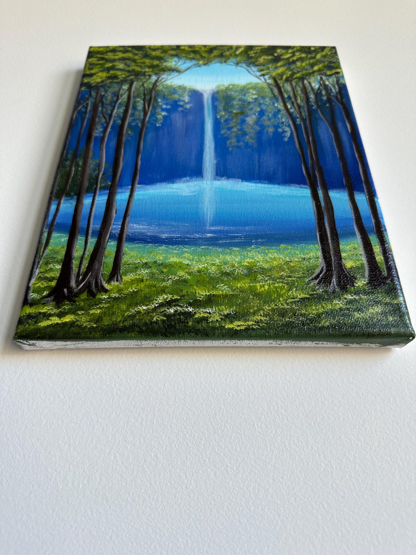 Original Waterfall Painting: Forest Landscape Art, 8x10 Canvas
