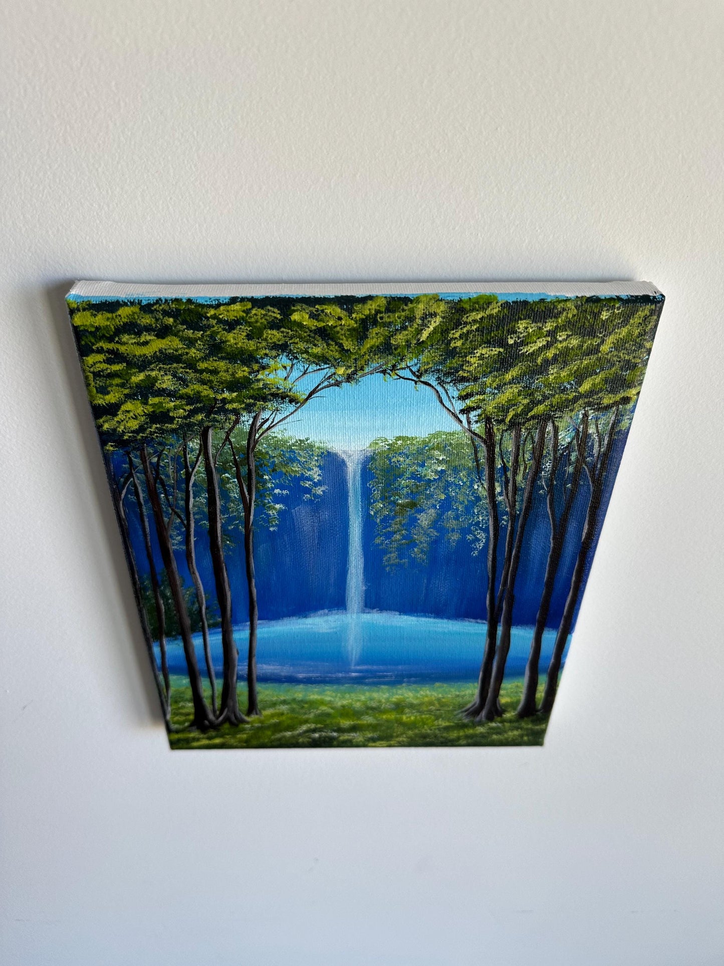 Original Waterfall Painting: Forest Landscape Art, 8x10 Canvas