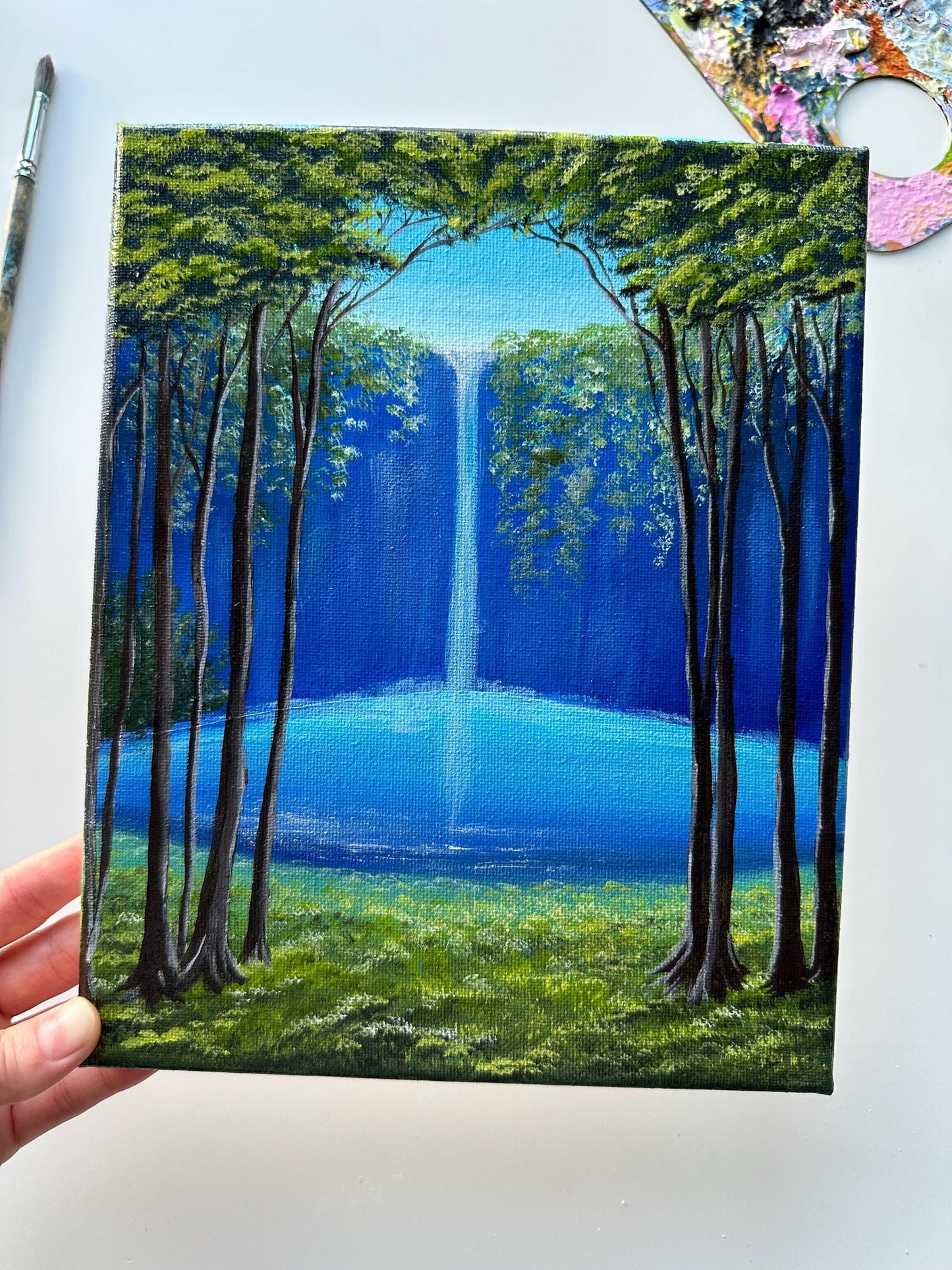 Original Waterfall Painting: Forest Landscape Art, 8x10 Canvas
