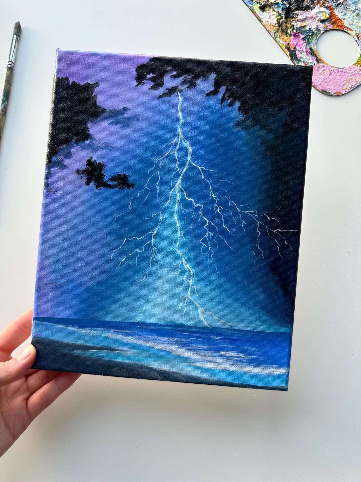 Original Thunderstorm Seascape Acrylic Painting: 8x10 Canvas Art