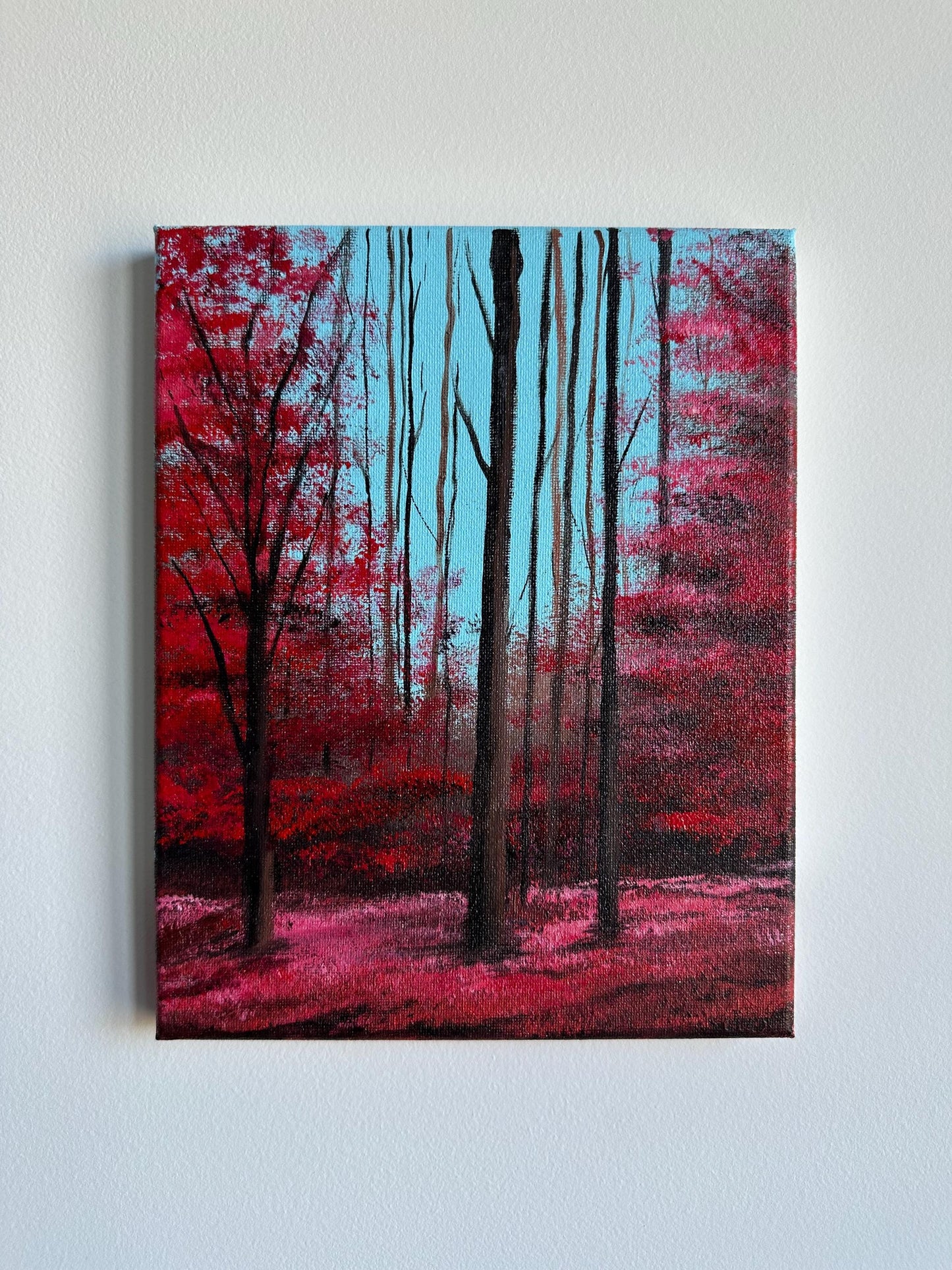 Enchanted Red Forest Acrylic Painting on Canvas
