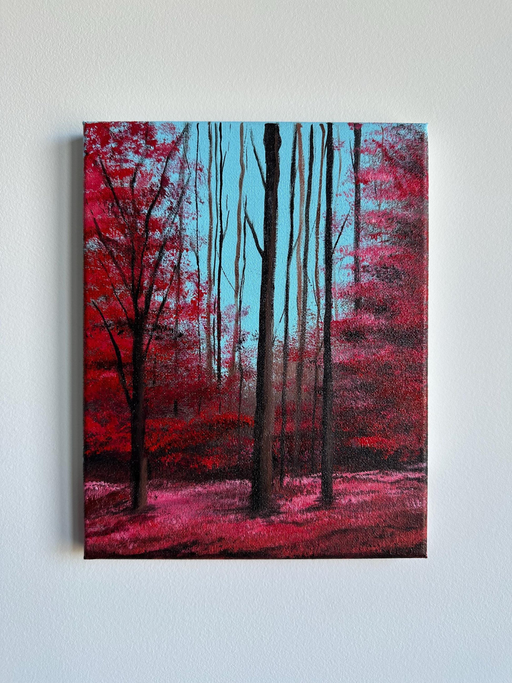 Enchanted Red Forest Acrylic Painting on Canvas