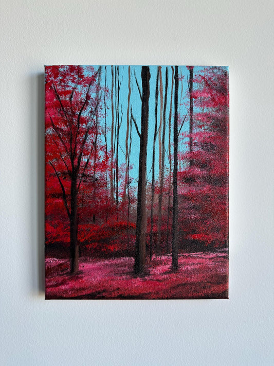 Enchanted Red Forest Acrylic Painting on Canvas