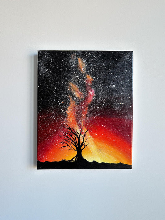 Dark night tree under starry sky painting on canvas
