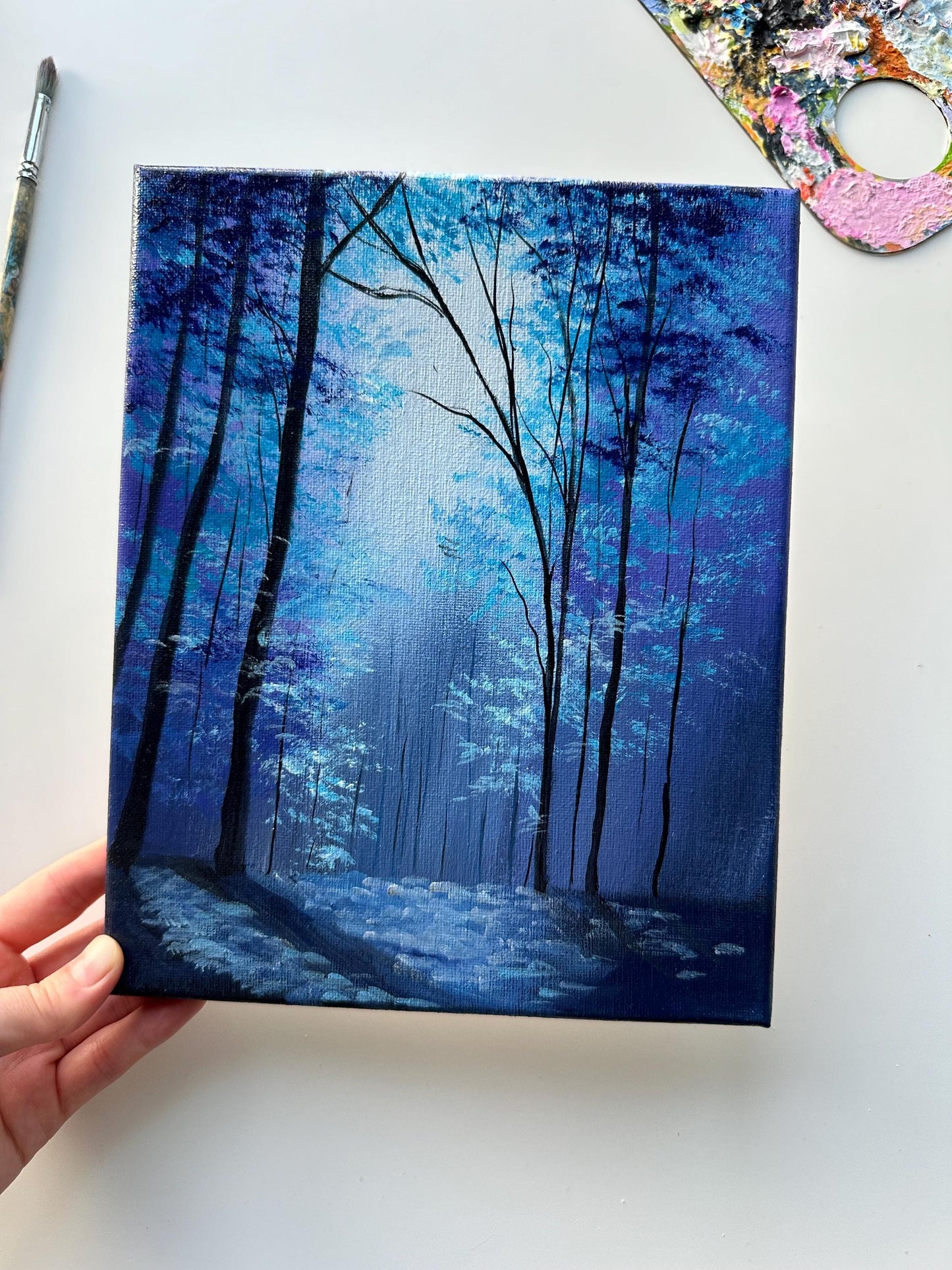 Enchanted Blue Forest Painting: 8x10 Original Acrylic Landscape Art