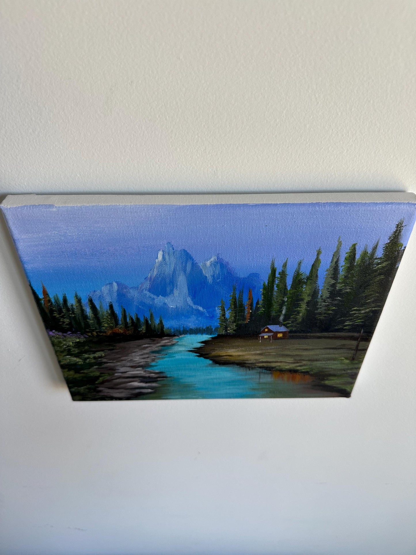 Cozy Cabin Acrylic Painting: Mountain River Nature Scene (10"x8")