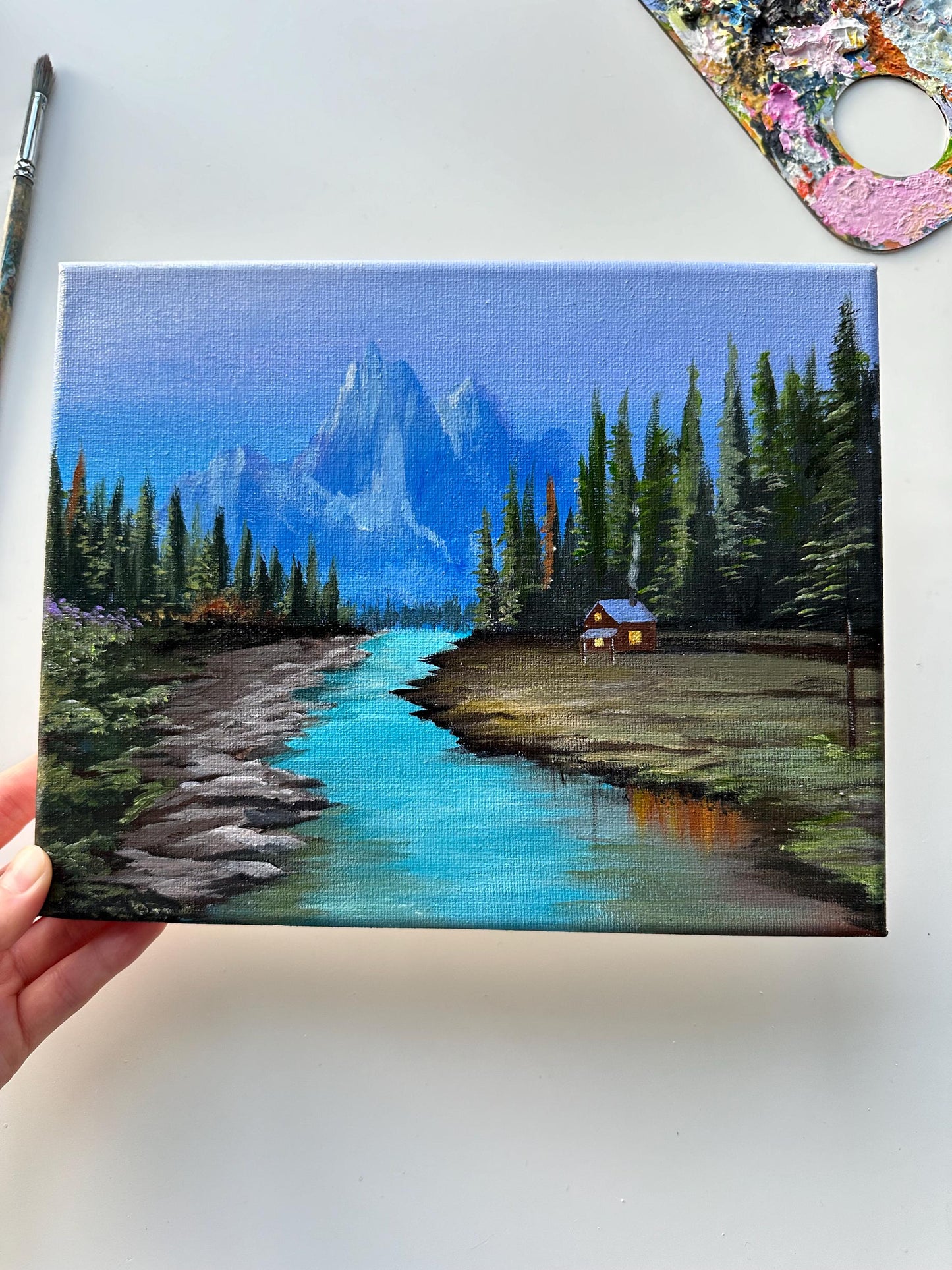 Cozy Cabin Acrylic Painting: Mountain River Nature Scene (10"x8")