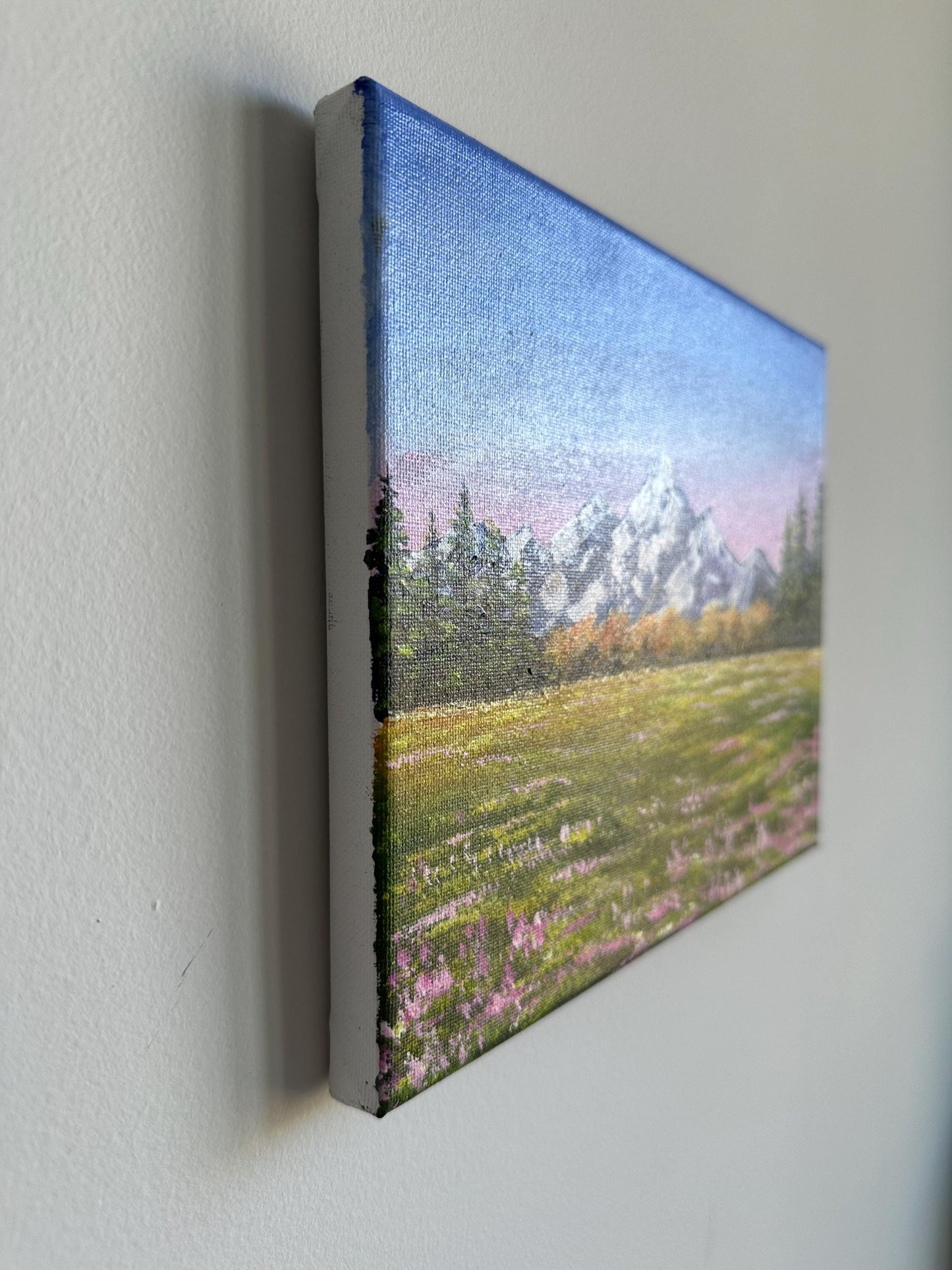 Original Snowy Mountain Acrylic Painting: Pine Forest, Pink Flowers (10x8)