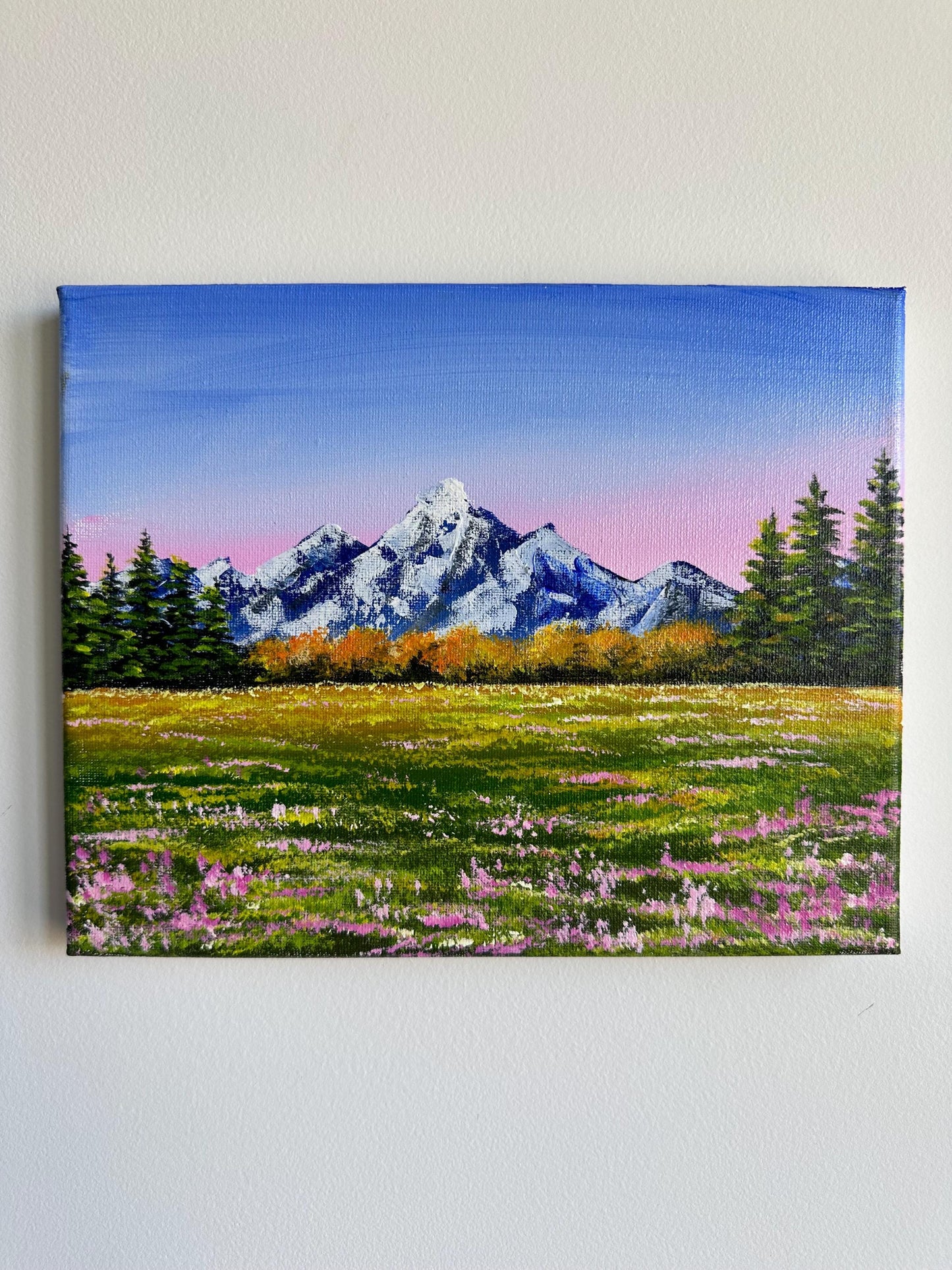 Original Snowy Mountain Acrylic Painting: Pine Forest, Pink Flowers (10x8)