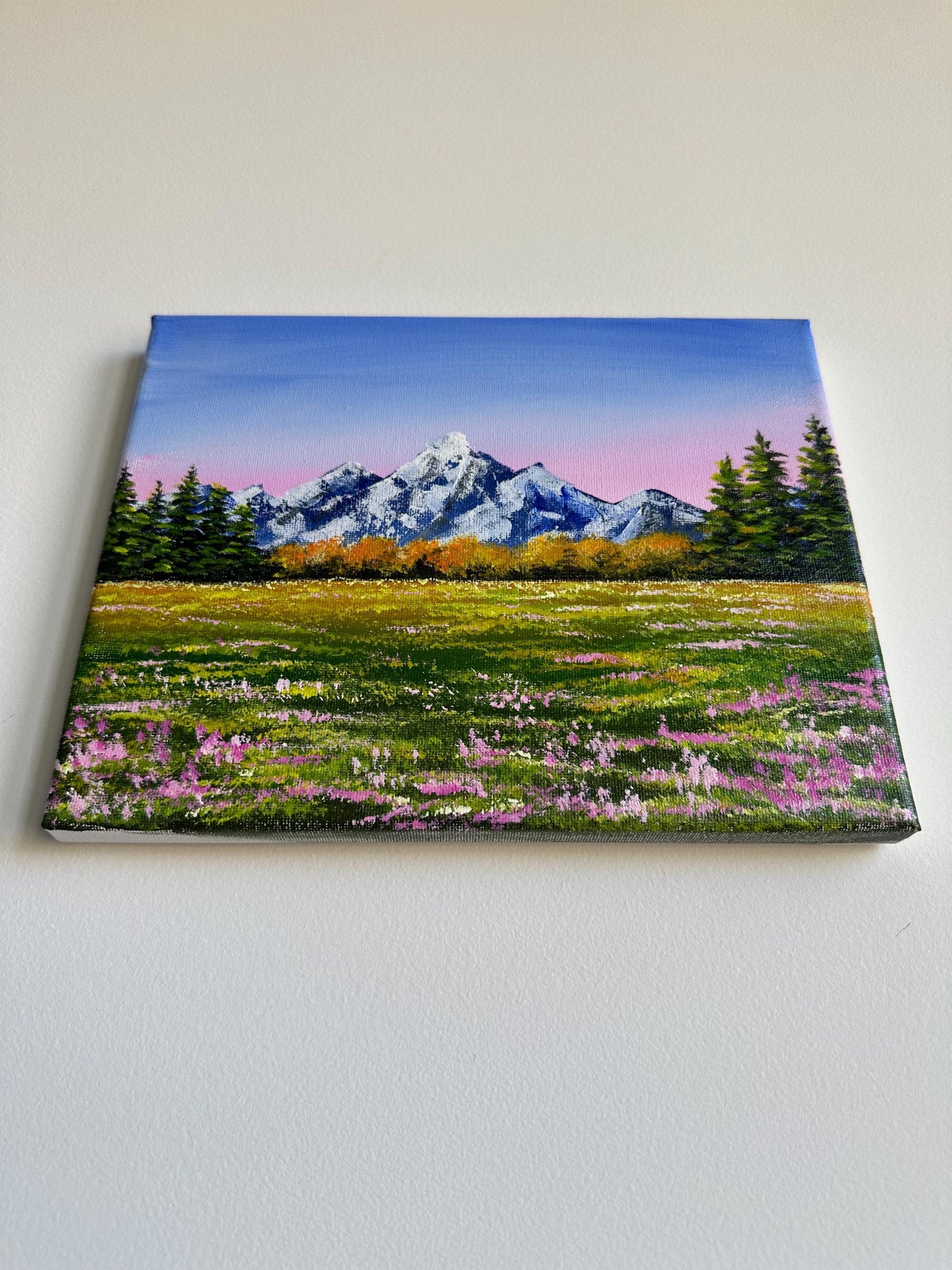 Original Snowy Mountain Acrylic Painting: Pine Forest, Pink Flowers (10x8)