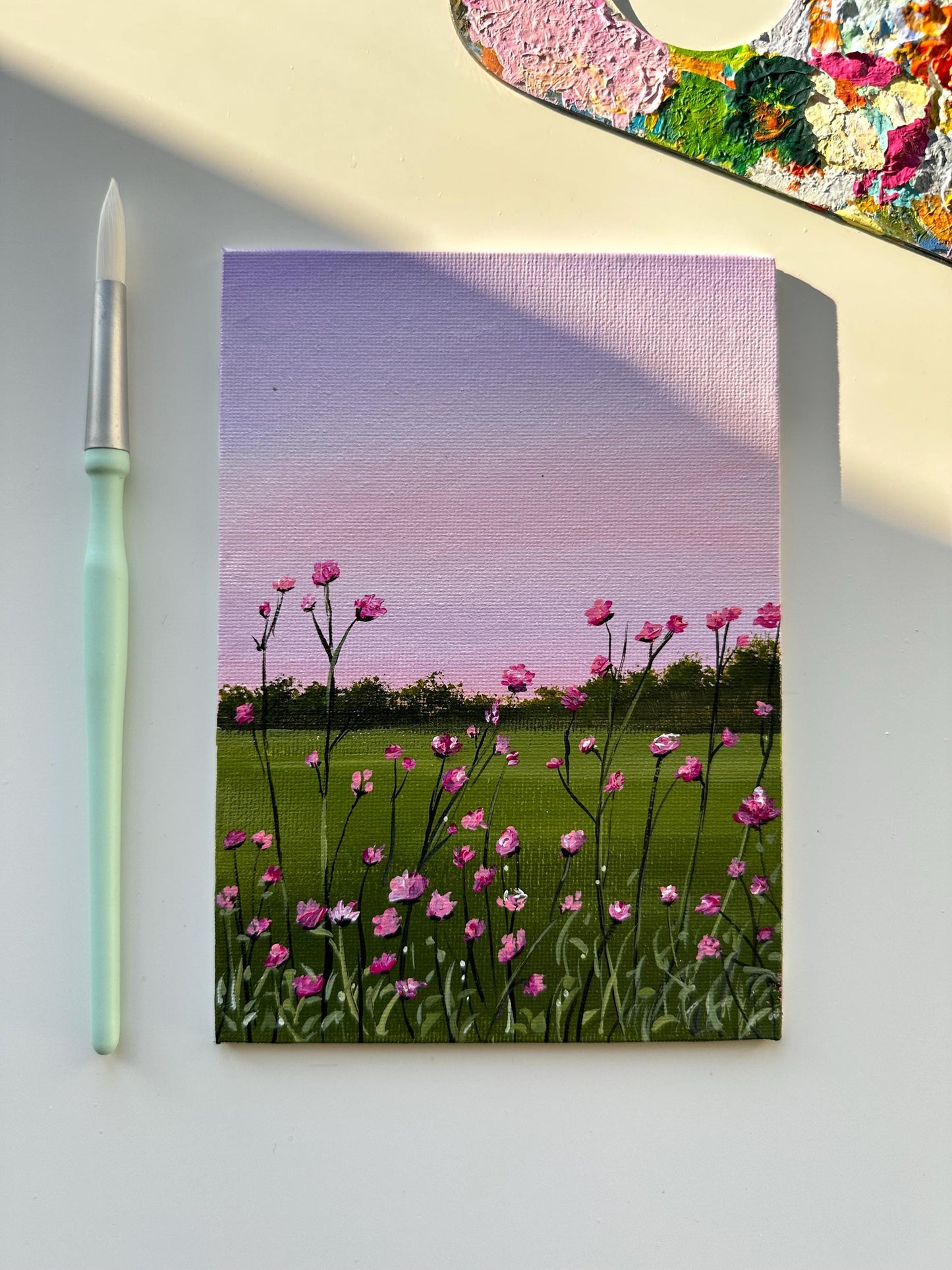 Pink Flower Field UnderPink Sky Acrylic Landscape art painting on canvas board