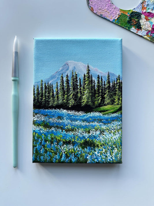 Pine tree Forest and blue flowers acrylic Painting on canvas