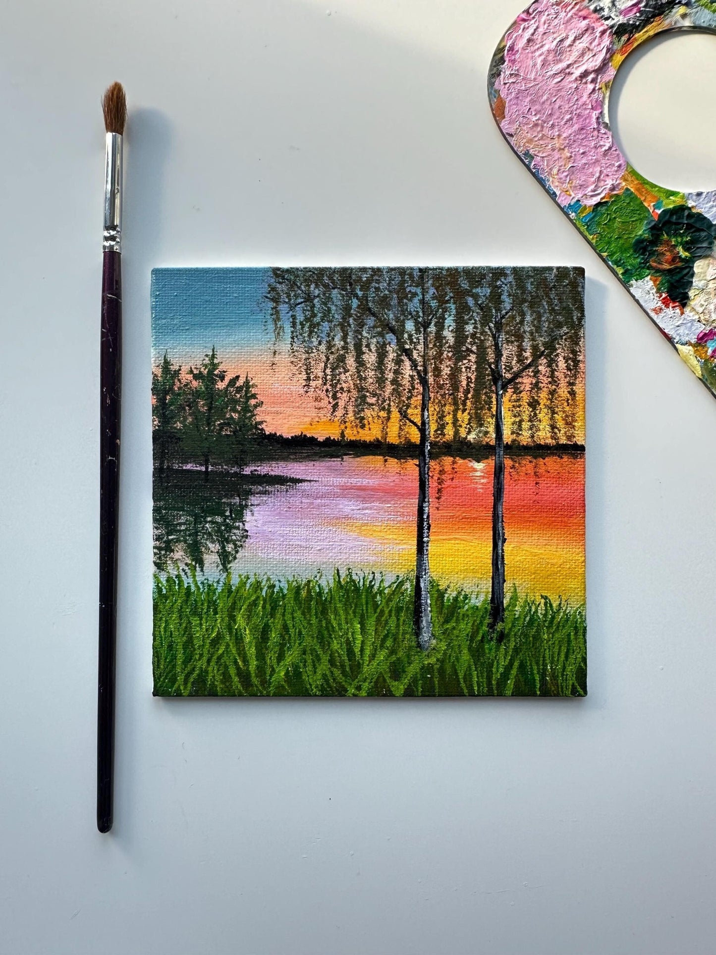 Lakeside tree sunset painting on canvas 5x5