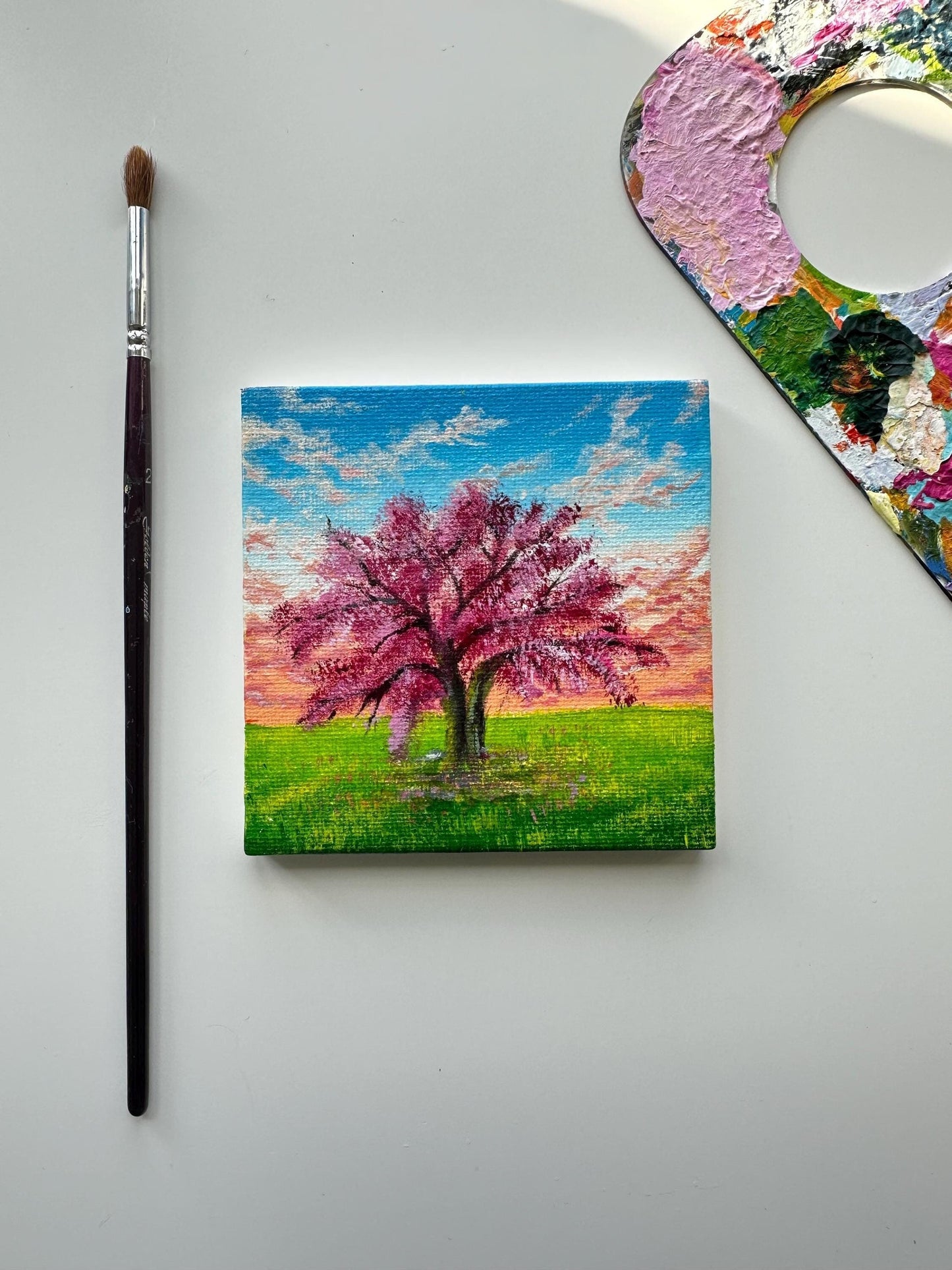 Miniature Pink Tree Painting: Original Acrylic Art on Canvas (4x4)