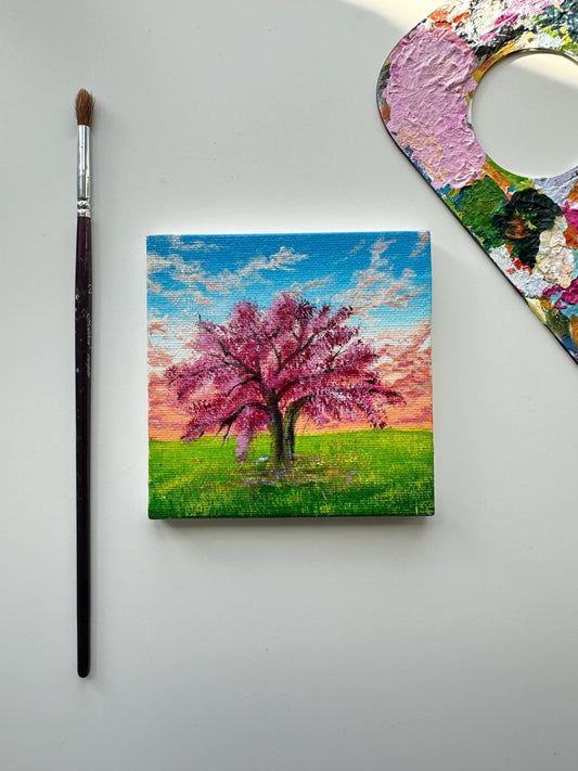 Miniature Pink Tree Painting: Original Acrylic Art on Canvas (4x4)