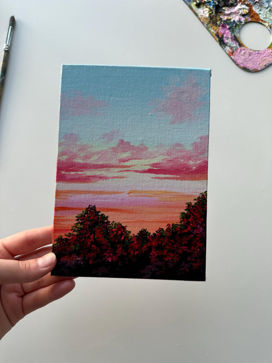 Red Green Bushes under Red cloud sky acrylic landscape painting on canvas board 5x7