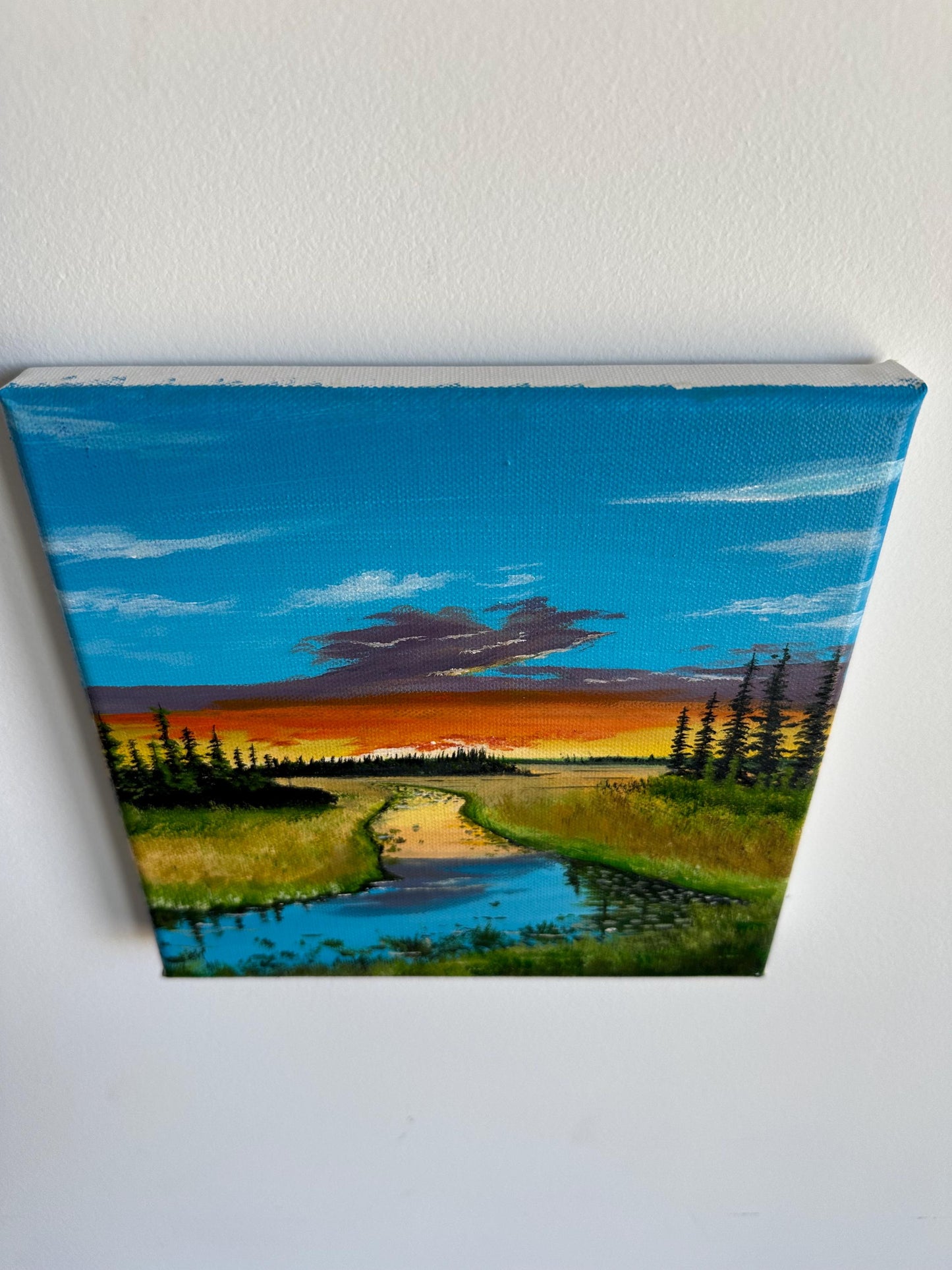 Original River Landscape Acrylic Painting: 8"x8" Nature Art
