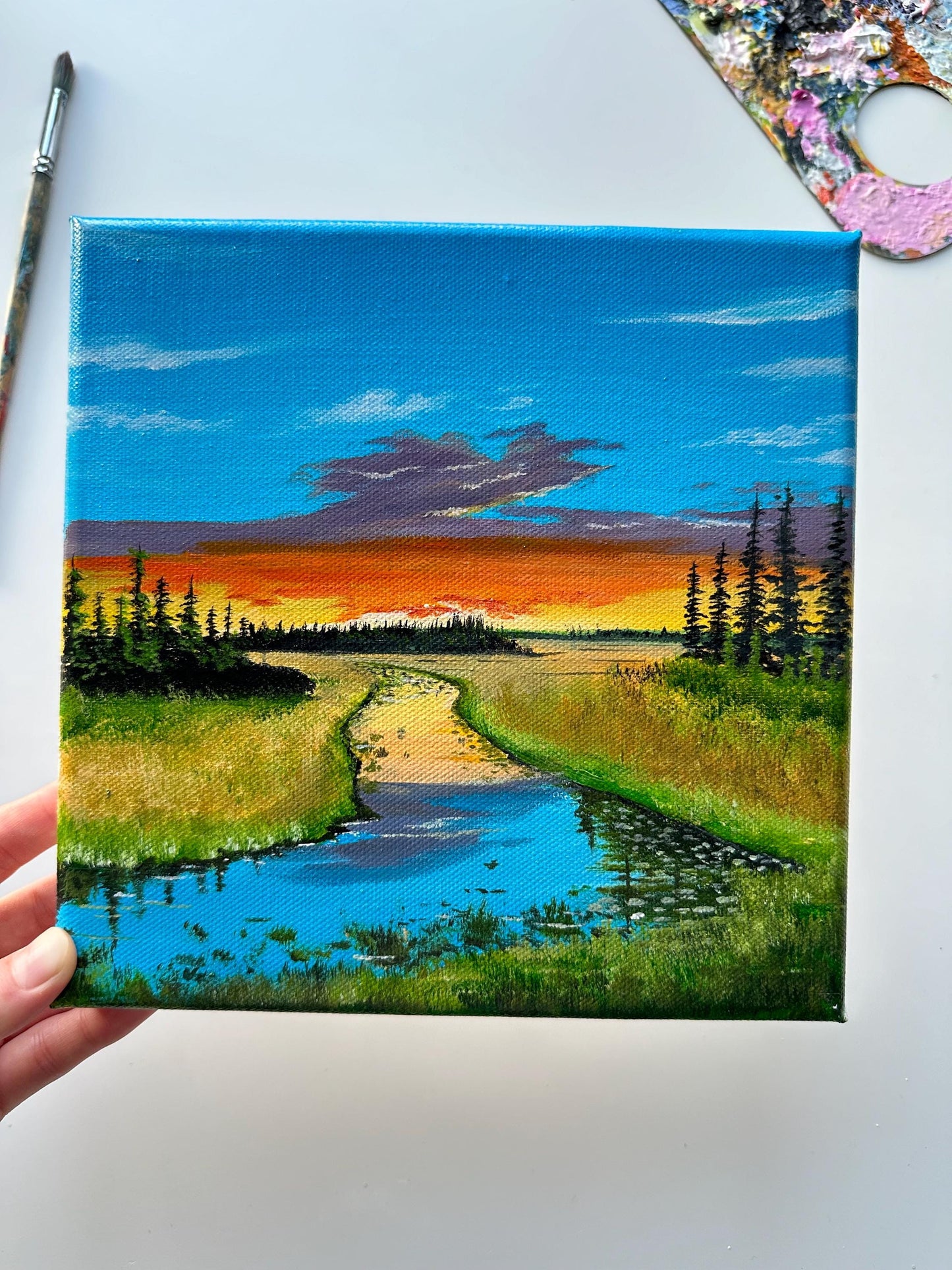 Original River Landscape Acrylic Painting: 8"x8" Nature Art