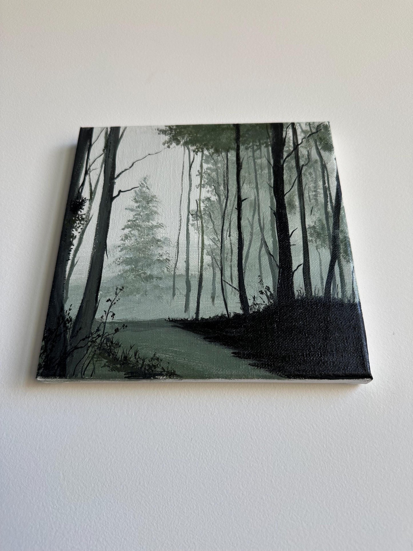 Original Foggy Woods Acrylic Painting: 8" x 8" Landscape Art