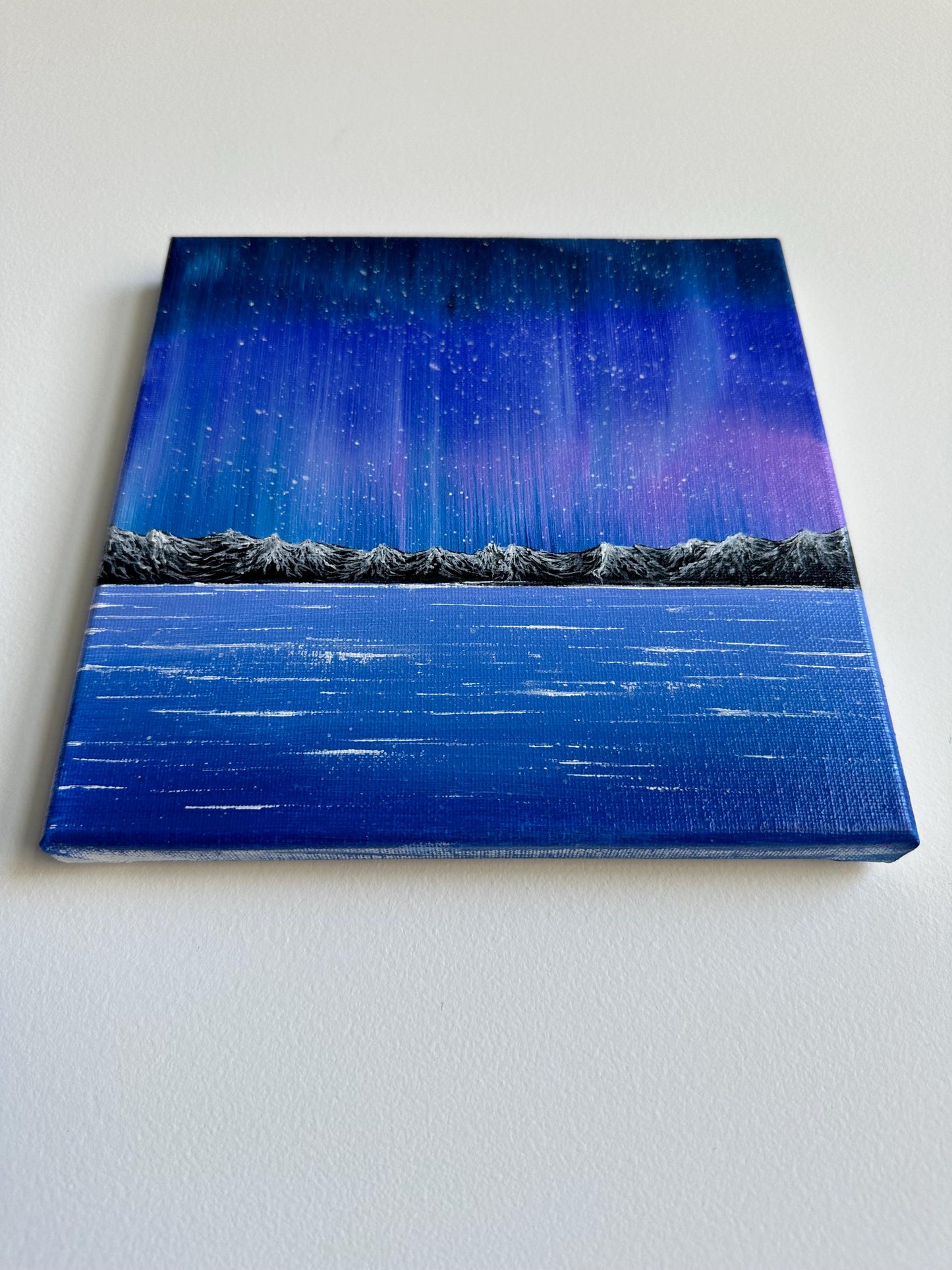 Original Aurora Acrylic Painting: Mountain & Sea Landscape, 8x8 Canvas