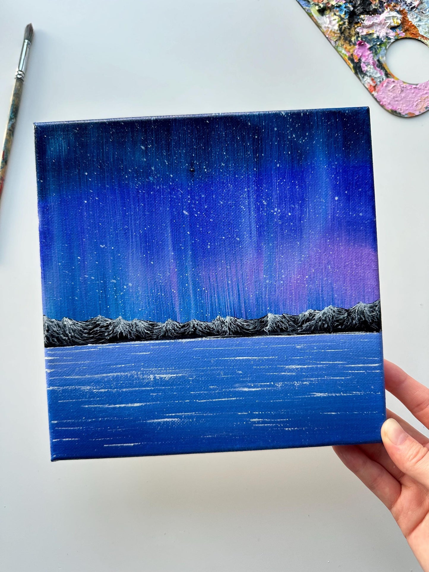 Original Aurora Acrylic Painting: Mountain & Sea Landscape, 8x8 Canvas