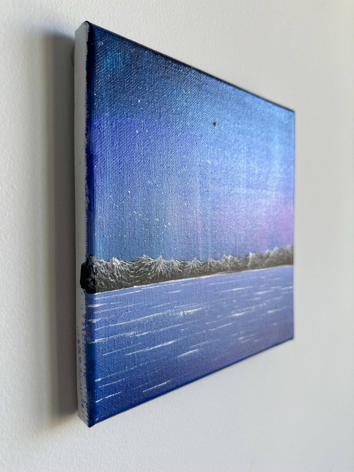 Original Aurora Acrylic Painting: Mountain & Sea Landscape, 8x8 Canvas