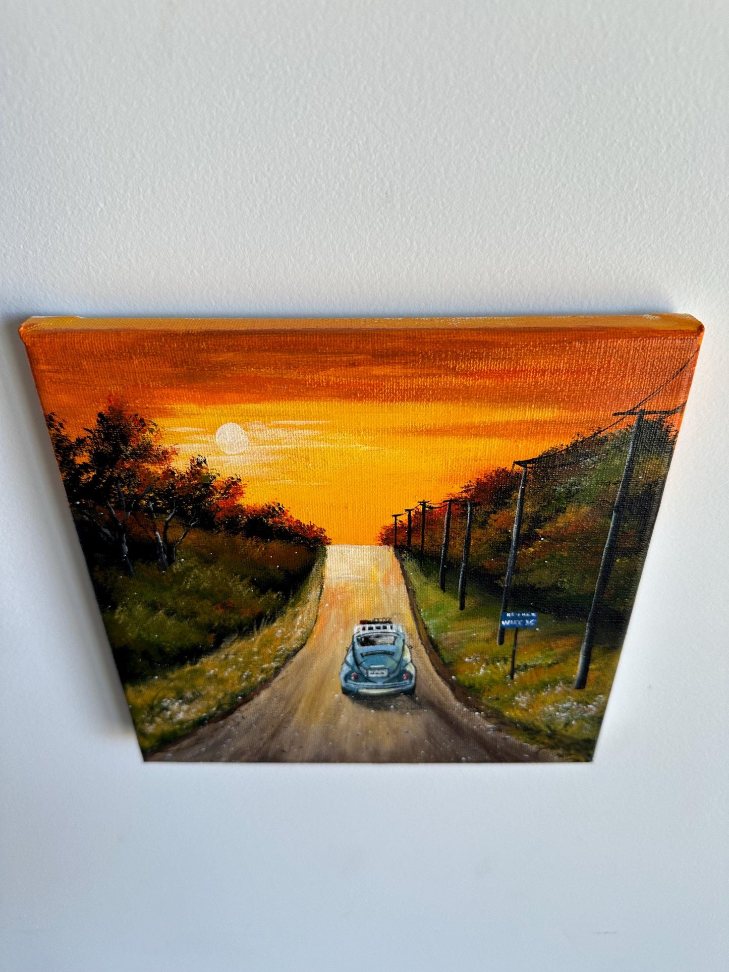 Vintage Car Sunset Painting: Original Acrylic Landscape Art (8x8)