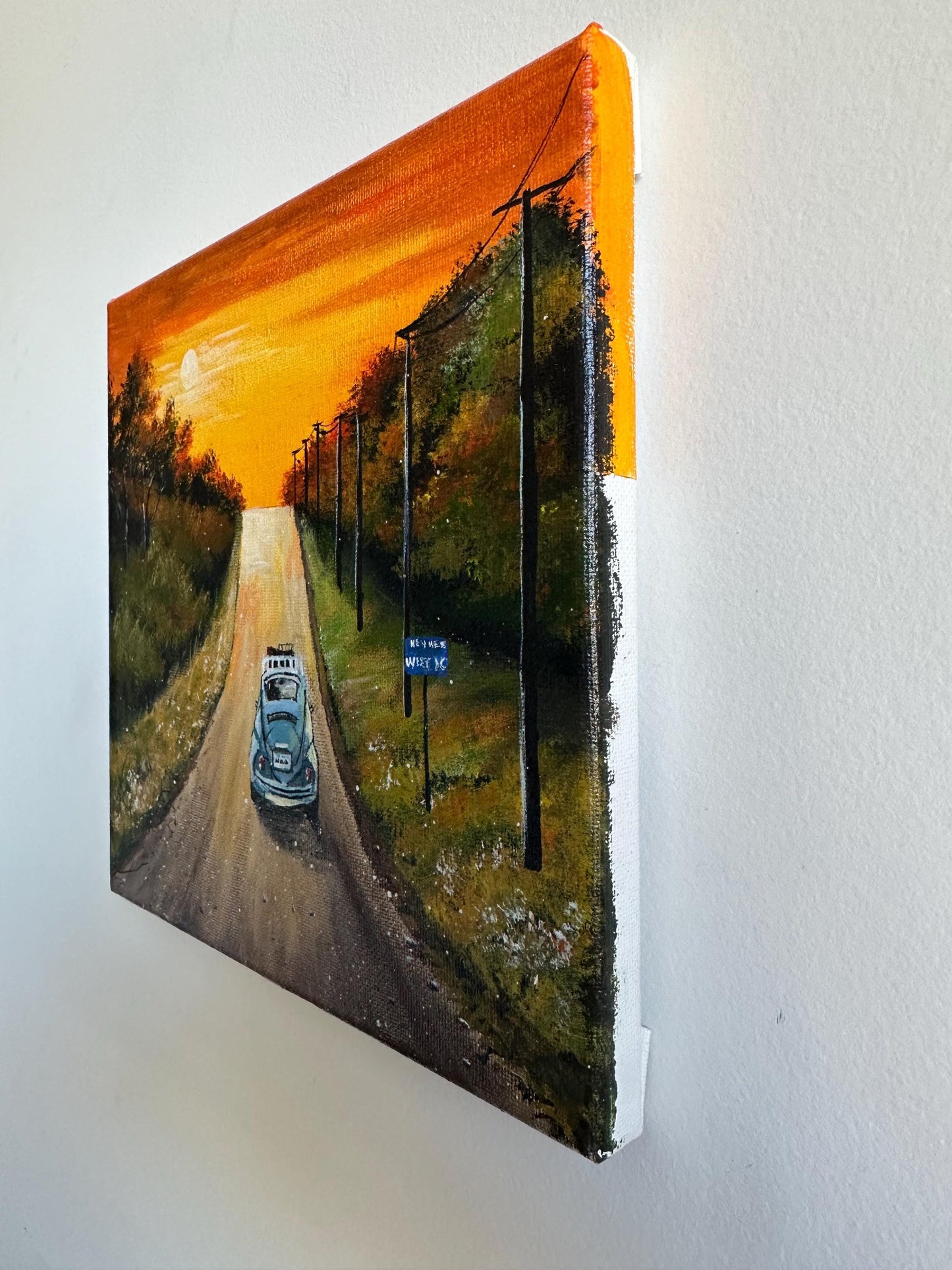 Vintage Car Sunset Painting: Original Acrylic Landscape Art (8x8)