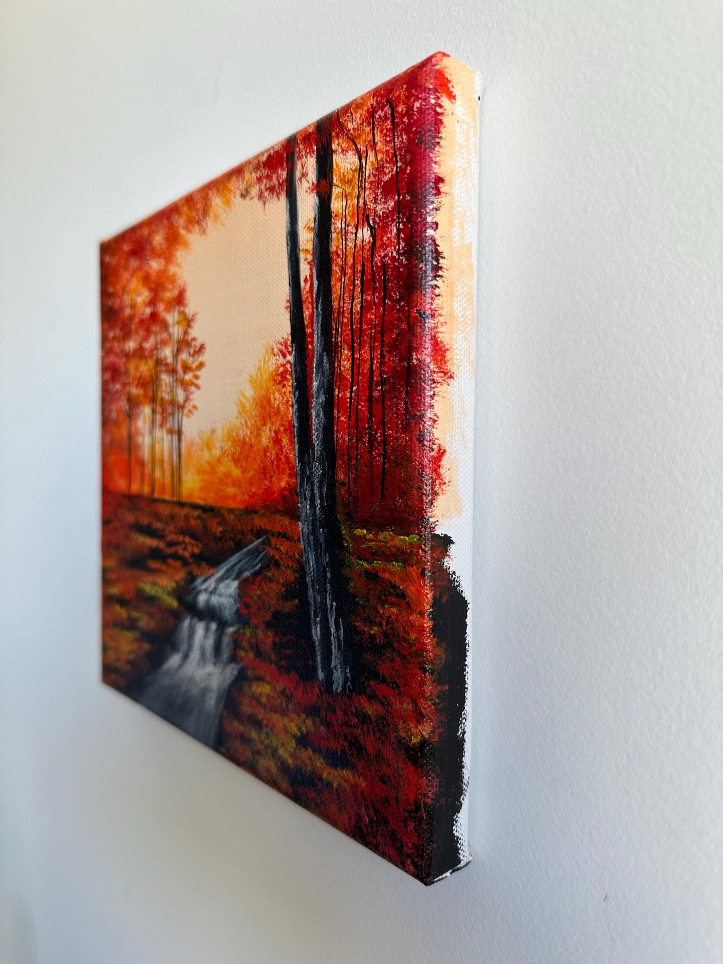 Original Fall Forest Acrylic Painting: Flowing River Landscape, 8x8