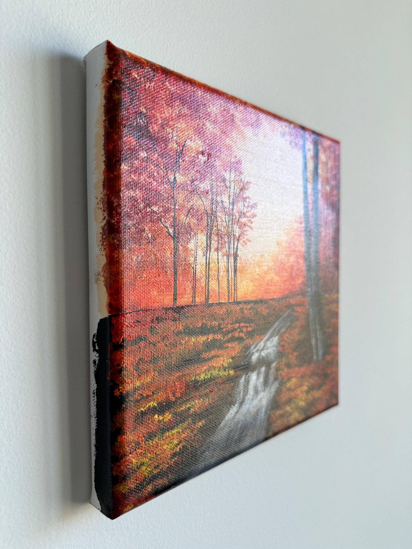 Original Fall Forest Acrylic Painting: Flowing River Landscape, 8x8
