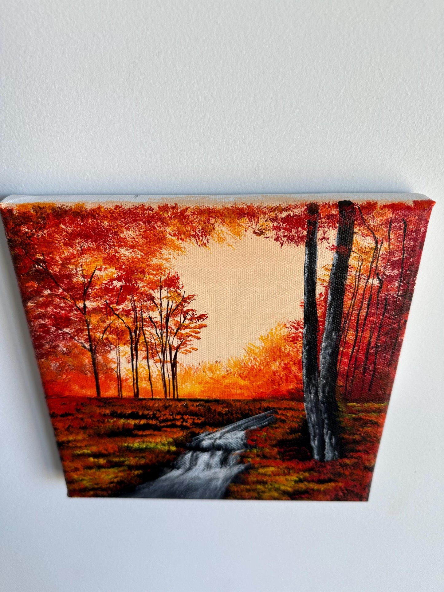 Original Fall Forest Acrylic Painting: Flowing River Landscape, 8x8