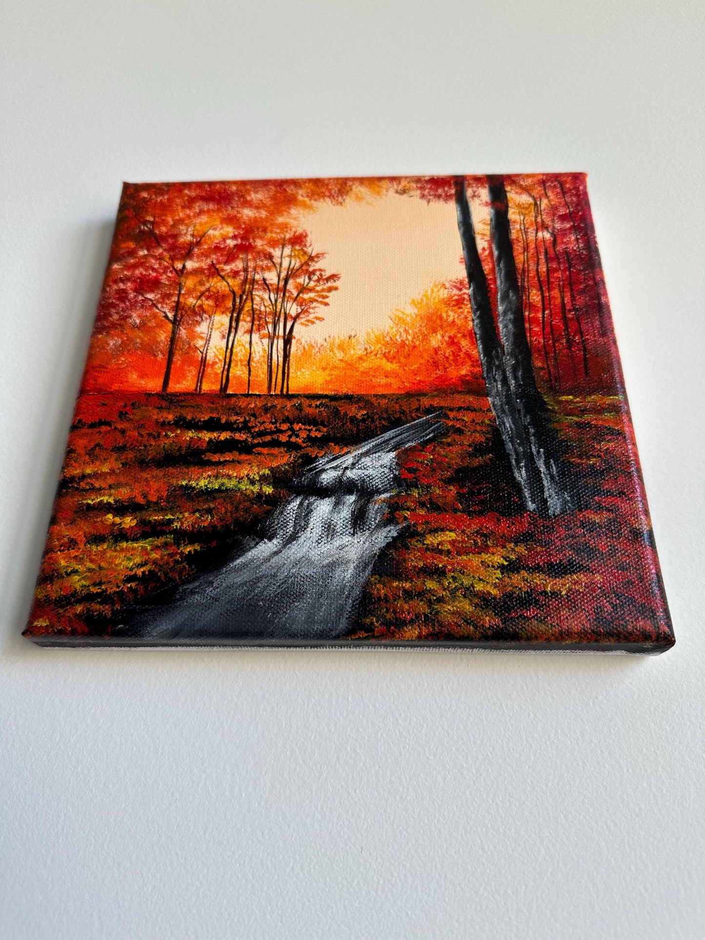Original Fall Forest Acrylic Painting: Flowing River Landscape, 8x8